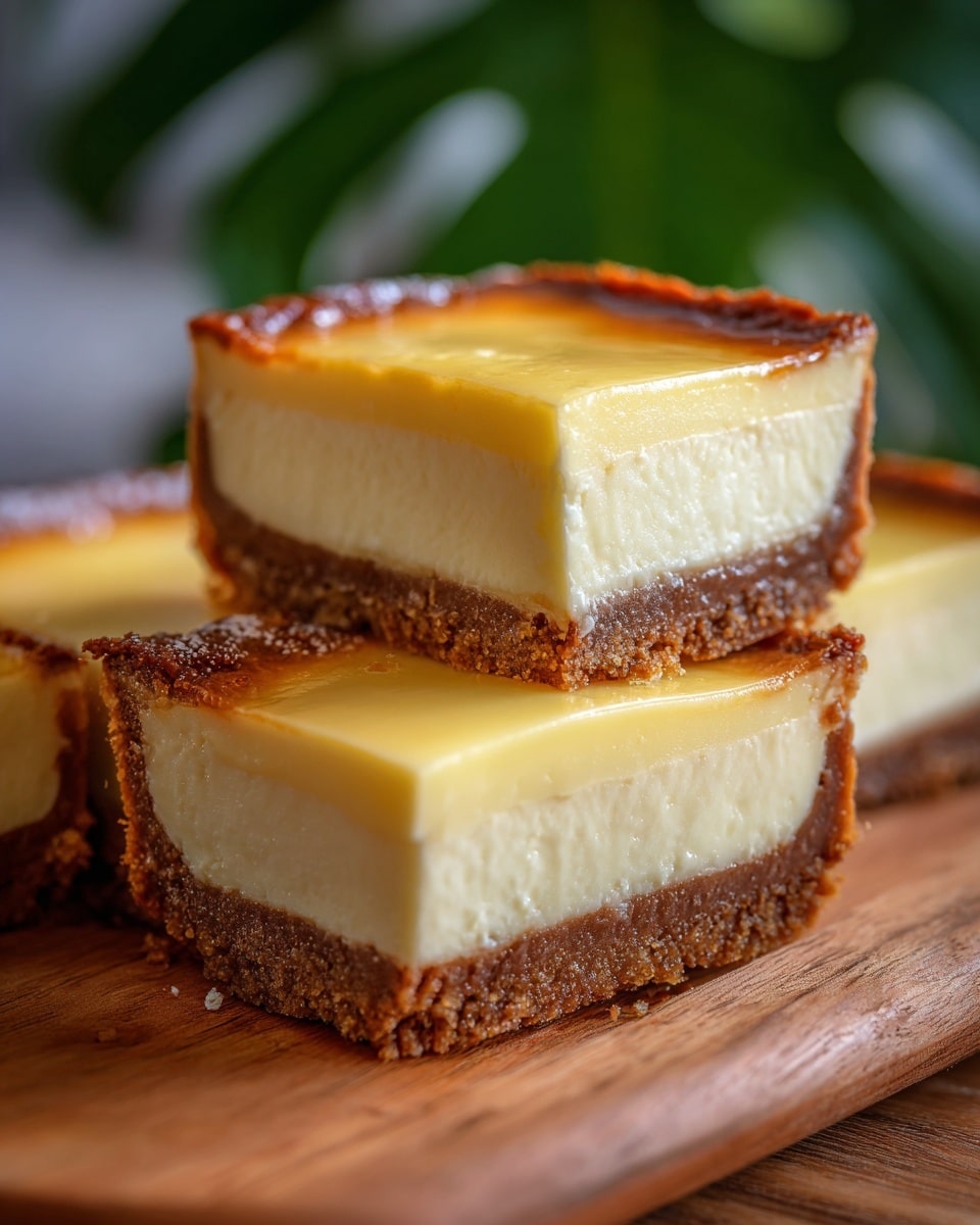 The image shows a square tart with three visible layers. The bottom layer is a thick, crumbly brown crust that forms the base and the sides, giving structure to the tart. Above that is a creamy, pale yellow middle layer with a smooth texture. The top layer is a slightly lighter yellow custard-like surface with a shiny and soft look. A single triangular slice is cut and slightly pulled out from the whole tart, showing all the layers clearly. The tart is placed on a wooden board, and the background is softly blurred green foliage. Photo taken with an iphone --ar 4:5 --v 7
