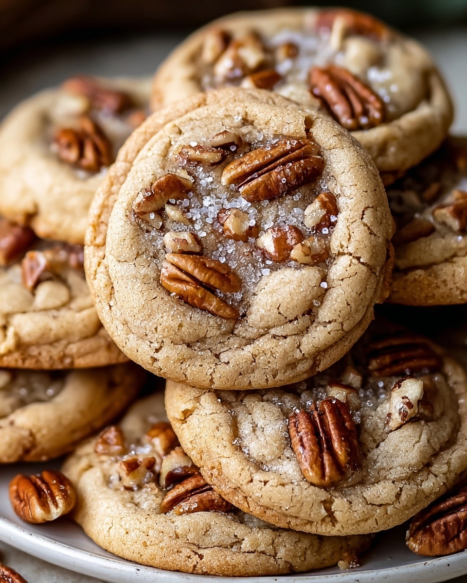 A close-up image of several round cookies stacked closely together on a white marbled surface. Each cookie has a golden-brown base with a slightly crispy texture around the edges and a softer, lighter center. The cookies are topped with whole and chopped pecan halves, which are a shiny reddish-brown color that contrasts with the cookie dough. The nuts are spread unevenly on each cookie, adding a rough texture to the smooth baked surface. The focus is sharp on the front cookie, showing a detailed sugar coating and slight cracks on its surface, while the other cookies gradually blur into the background. photo taken with an iphone --ar 4:5 --v 7