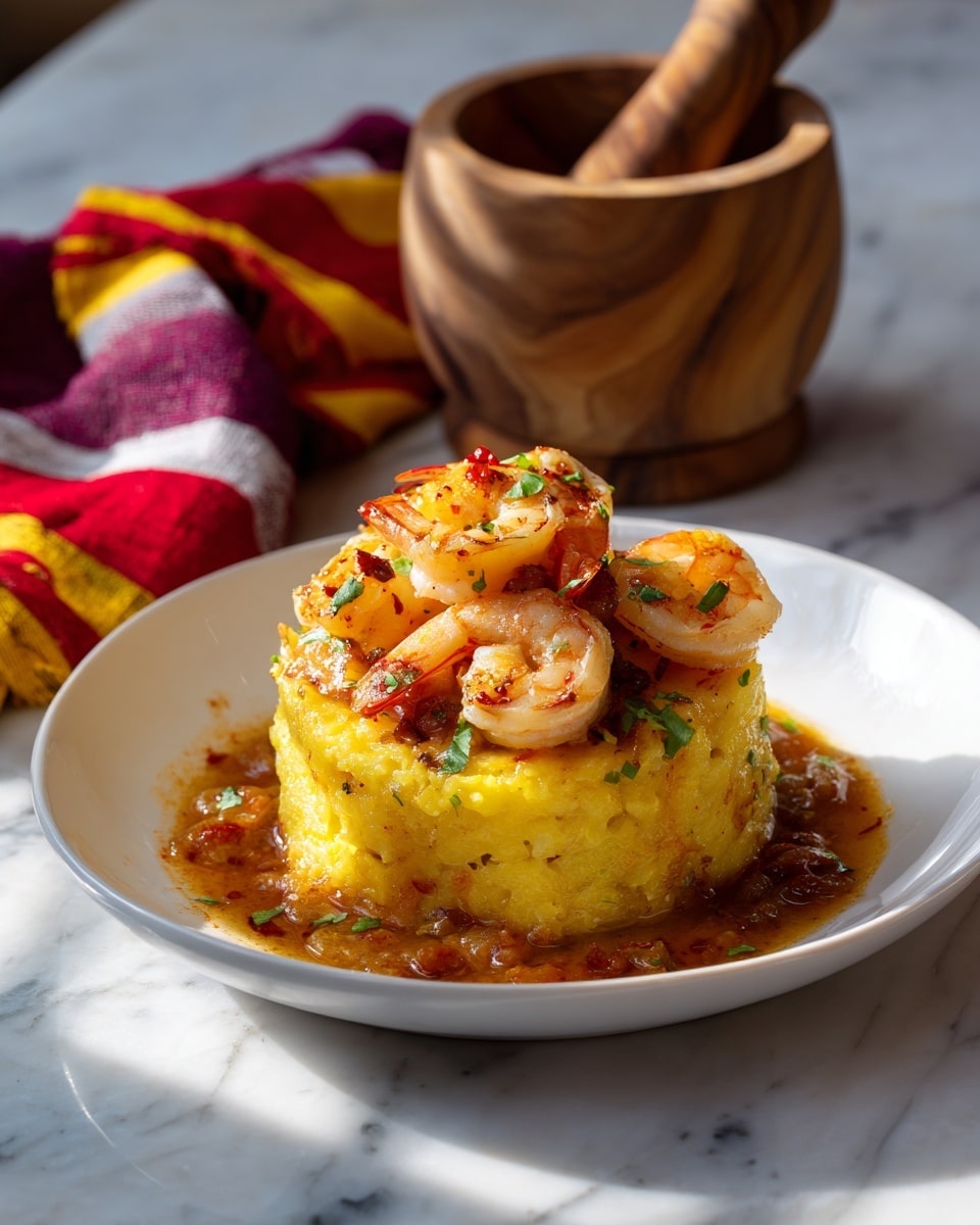 A round, thick cake of seasoned yellow rice mixed with green herbs sits on a white square plate, surrounded by a rich brown sauce with green herb bits scattered throughout. On top of the rice cake are several orange-pink cooked shrimp, lightly glazed with sauce and sprinkled with chopped green herbs. A sprig of fresh green parsley is placed in the center as a garnish. The plate rests on a white marbled surface. photo taken with an iphone --ar 4:5 --v 7