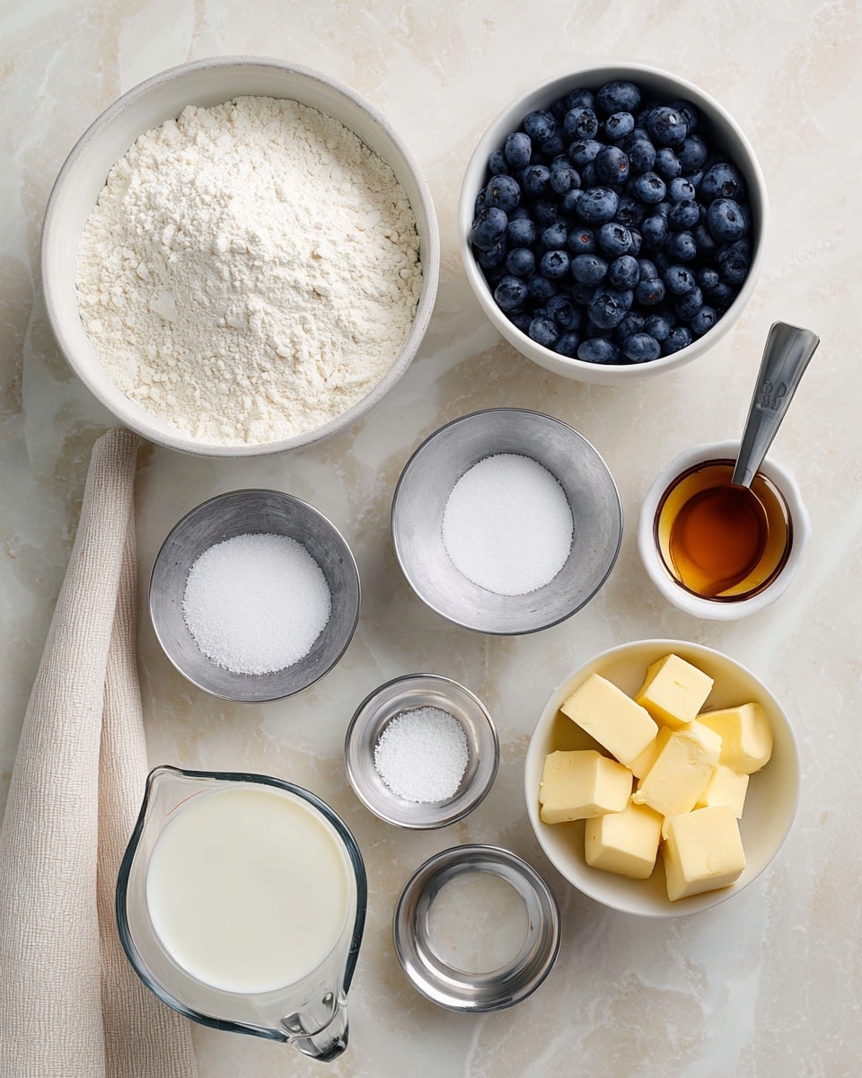The image shows a top-down view of several ingredients placed neatly on a white marbled surface. There are nine containers holding different items: a large white bowl filled with white flour at the top left, a medium white bowl full of fresh blueberries to its right, a small silver bowl with salt below the blueberries, another small silver bowl with a white powder (likely baking powder), and one more small silver bowl with another white powder (possibly baking soda). Below the flour bowl, there is a white bowl with several yellow butter cubes. To the right, a bigger white bowl filled with white granulated sugar rests next to a small silver cup with a couple of butter cubes and a silver cup holding amber-colored vanilla extract. A clear glass measuring cup filled with milk is at the bottom left. A light beige cloth is casually placed at the bottom left corner of the frame. The items are arranged in a clean, organized manner that highlights each ingredient clearly photo taken with an iphone --ar 4:5 --v 7