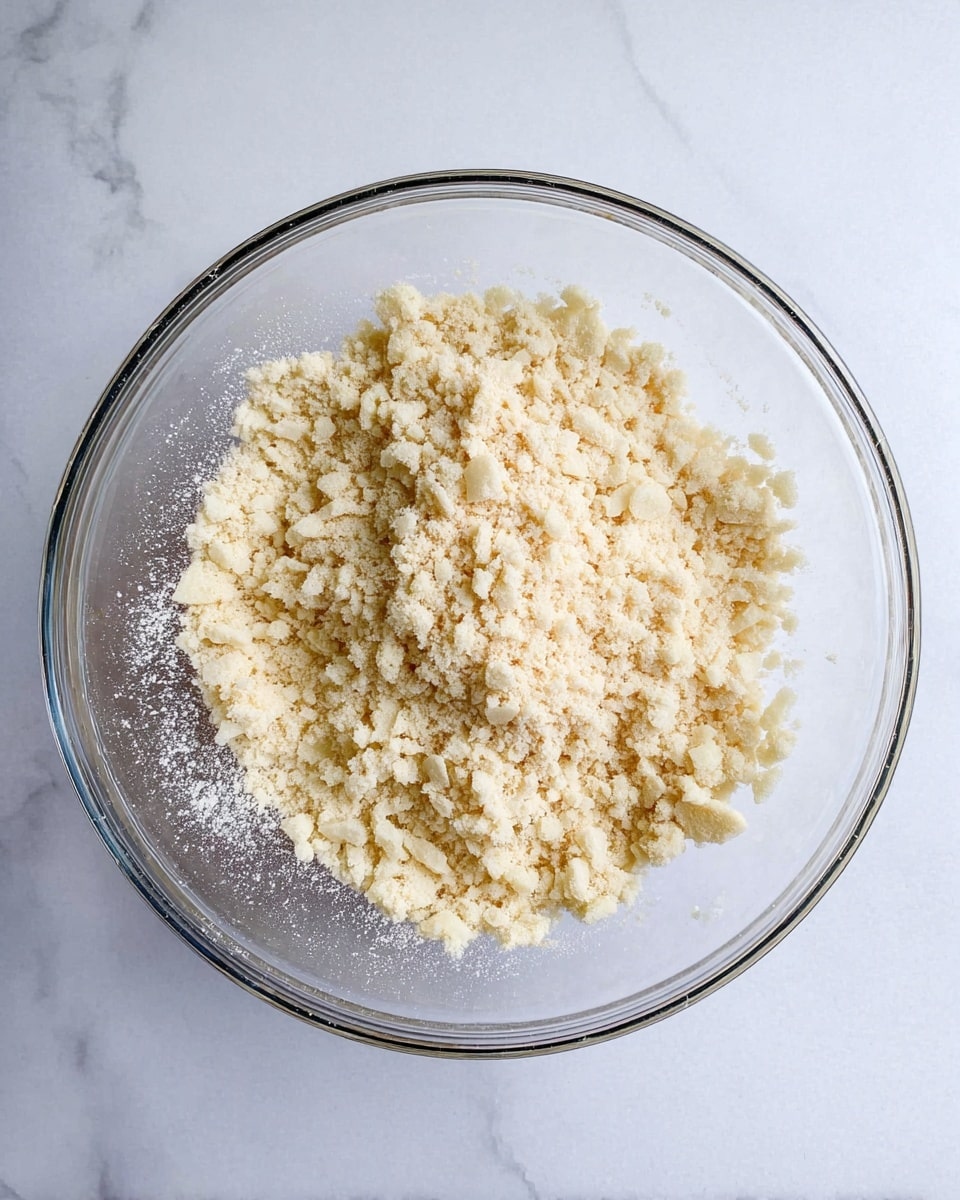 A clear glass bowl sits on a white marbled surface, filled with a crumbly mixture of light beige and pale yellow chunks resembling coarse crumbs or small lumps, with a powdery texture visible around the edges and unevenly spread inside the bowl, creating a rough, grainy appearance photo taken with an iphone --ar 4:5 --v 7