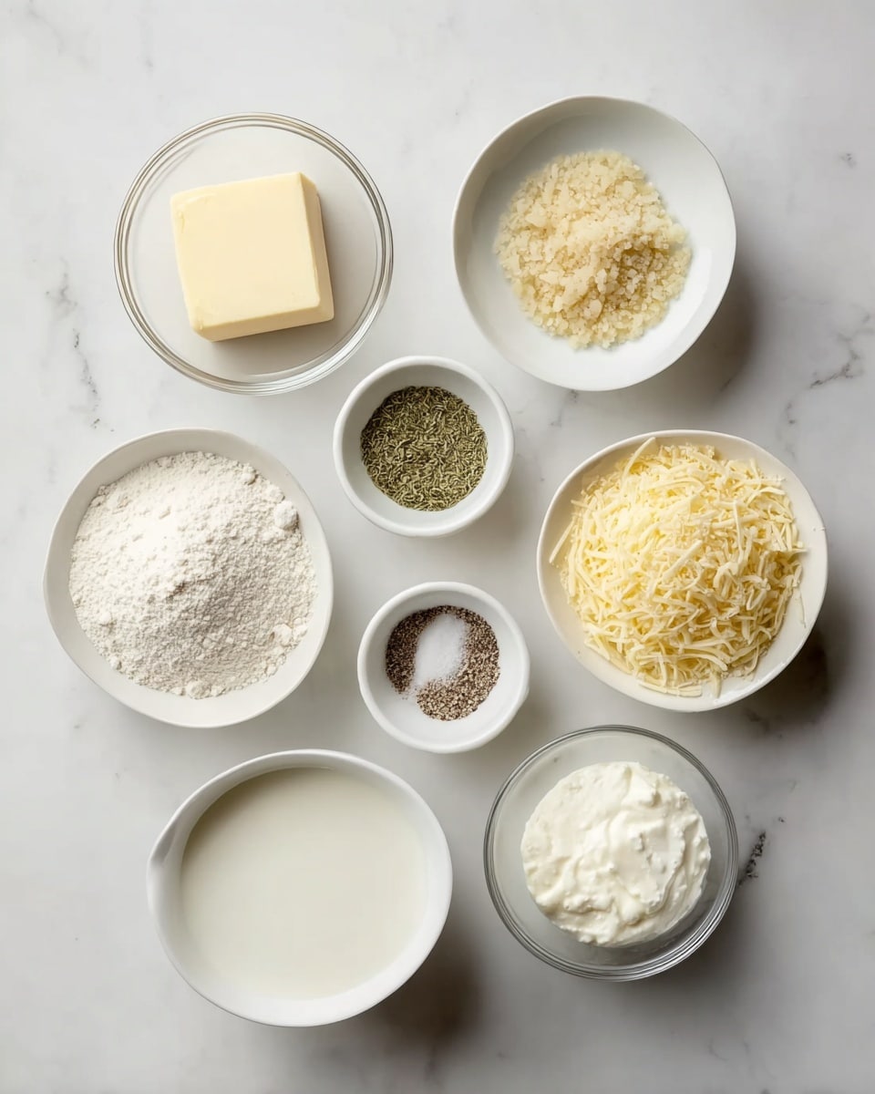 The image shows eight small white bowls arranged on a white marbled texture surface, each containing different cooking ingredients. Starting from the top left is a clear bowl with a square piece of pale yellow butter. To the right is a white bowl with finely minced ginger, next to a larger white bowl filled with milk. Below the butter is an empty white bowl with black pepper, beside it is a white bowl with white flour. Further right are two transparent bowls, one holding green dried herbs and the other thick white cream. At the bottom right is a white bowl filled with finely grated light yellow cheese. photo taken with an iphone --ar 4:5 --v 7