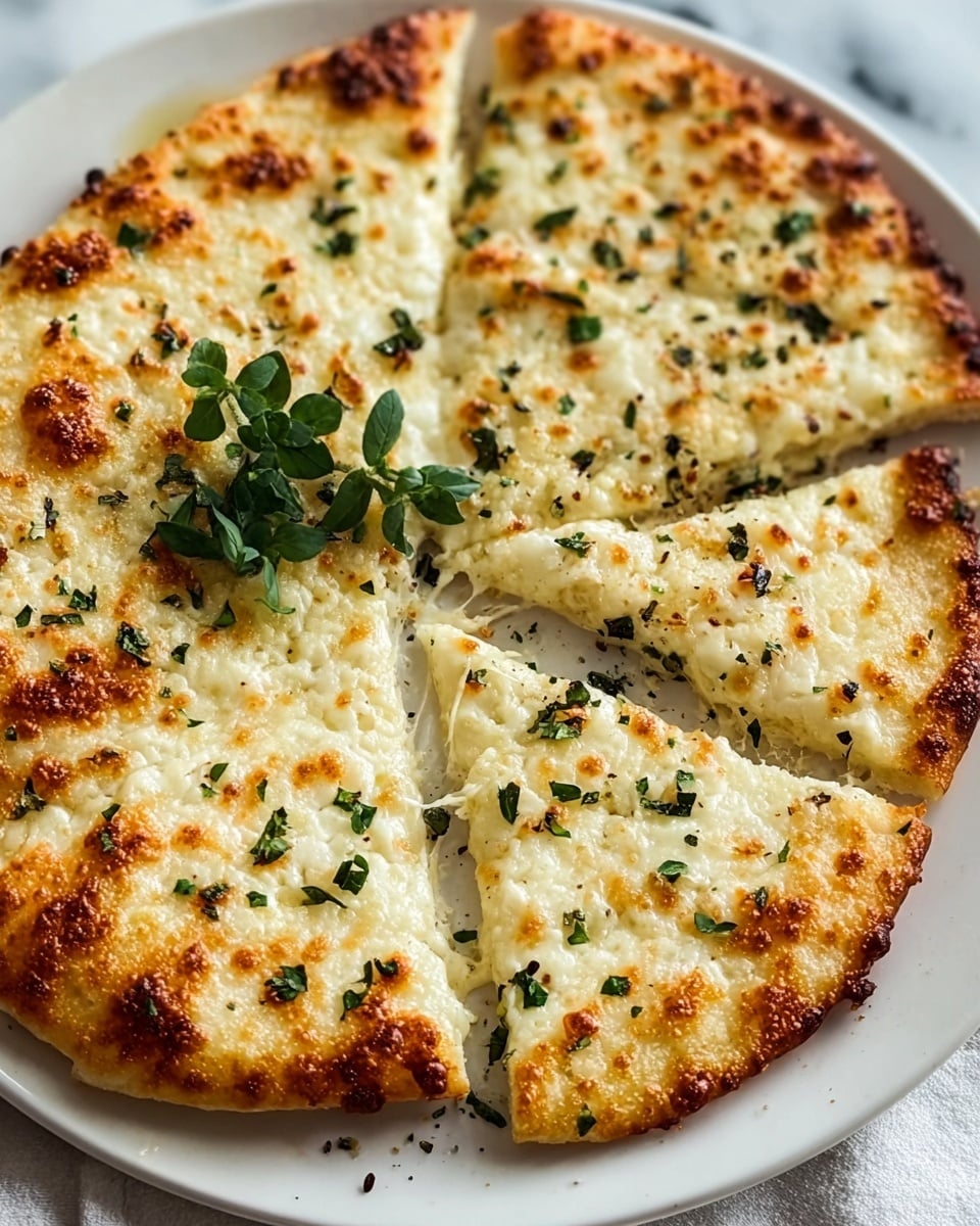 A white plate holds a round flatbread with five visible slices, topped with melted white cheese that has browned spots. The cheese layer is thick and bubbly, spread evenly over a golden-brown crust that has a slightly crispy edge. Small green herb pieces are scattered on top of the cheese, with one small cluster of fresh green leaves placed near the center. The background is a white marbled surface. Photo taken with an iphone --ar 4:5 --v 7