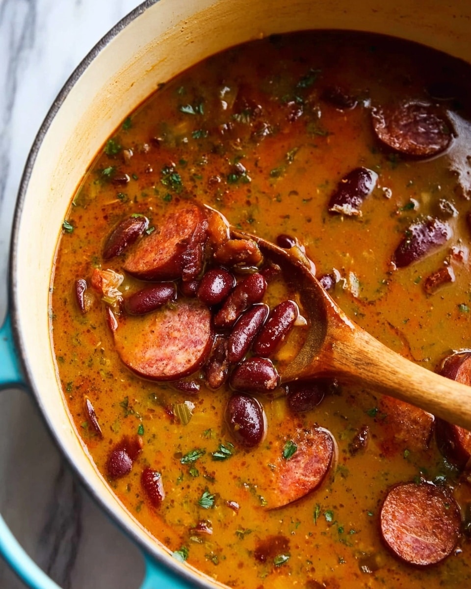 A close-up view of a pot filled with a thick stew containing several layers. The bottom layer is a rich orange-brown broth with a smooth, slightly oily texture. Floating on the surface are slices of sausage with a dark red-brown color and soft texture. Mixed throughout are dark red kidney beans and smaller pieces of chopped green herbs that add specks of green. A wooden spoon is partially submerged in the stew on the right side, showing some of the beans and sausage slices resting against it. The pot has a soft blue edge and is set on a white marbled surface. photo taken with an iphone --ar 4:5 --v 7