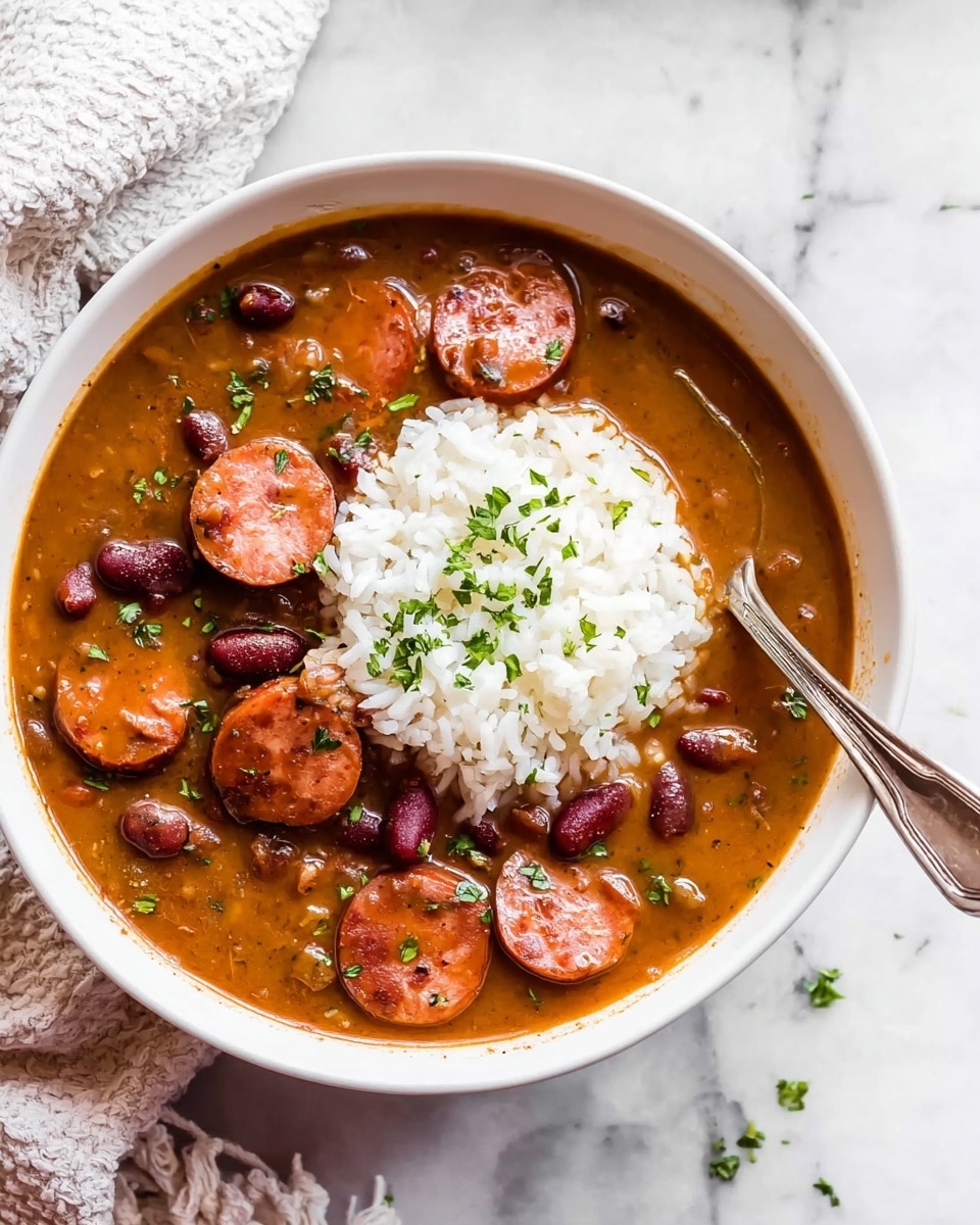 A white bowl filled with a thick brown soup that has visible red kidney beans and several slices of round sausage spread on the surface, creating a rich, hearty look. In the center of the bowl, there is a mound of white rice topped with finely chopped green herbs. A silver spoon rests inside the bowl on the right side, slightly submerged in the soup. The bowl is placed on a white marbled surface with a textured white cloth partially visible on the top left. The overall image feels warm and comforting, showing a simple but flavorful meal. photo taken with an iphone --ar 4:5 --v 7