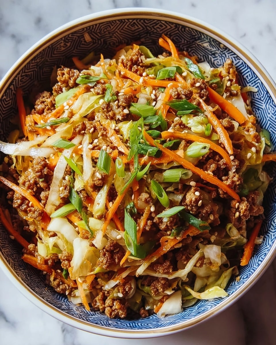 A close-up view of a bowl filled with a colorful stir-fry dish, showing about four main layers. The bottom layer consists of cooked brown ground meat with a slightly crispy texture, covering the whole base of the white bowl with blue inside. On top of the meat, there is a mix of thinly sliced orange carrots and white cabbage strips, adding a crunchy texture. Scattered across the vegetables and meat are bright green chopped spring onions, providing fresh color and a bit of sharpness. Small toasted sesame seeds are sprinkled on the entire dish, adding a slight contrast and extra detail. The bowl sits on a white marbled surface. Photo taken with an iphone --ar 4:5 --v 7
