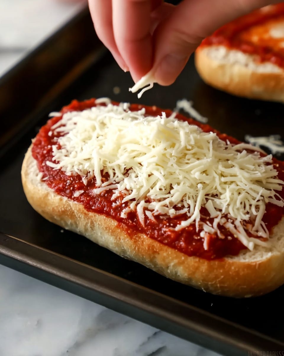 A close-up of a half sandwich bun sliced horizontally with a layer of red tomato sauce spread across the surface. On top of the sauce, a woman's hand sprinkles a thick strip of shredded white cheese in the center, creating a soft texture. The bun rests on a black baking tray, with a white marbled surface visible in the background. Another bun half with tomato sauce is blurred in the background. Photo taken with an iphone --ar 4:5 --v 7
