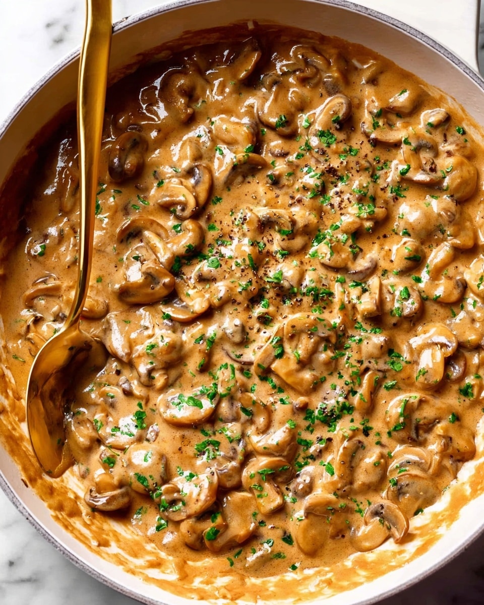 The image shows a white pan filled with a thick creamy mushroom sauce. The sauce has many small mushrooms visible throughout, covered evenly by a rich, smooth light brown creamy sauce. There are small bits of fresh green herbs sprinkled on top, adding a pop of color. A metallic golden spoon is partially submerged in the sauce, its handle resting inside the pan towards the left side. The pan sits on a white marbled surface. photo taken with an iphone --ar 4:5 --v 7