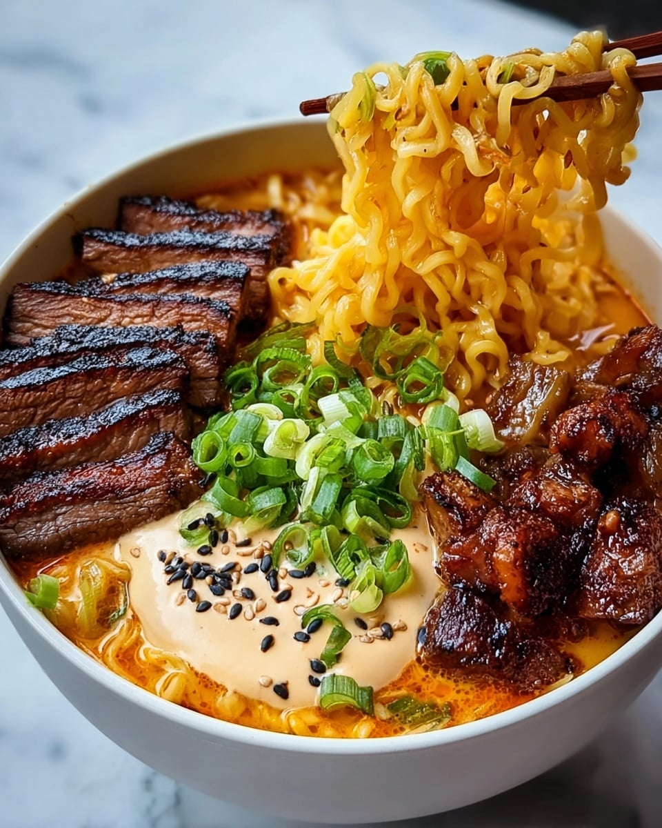 A bowl of ramen with four main layers: at the bottom, soft yellow noodles soaking in an orange broth; to the right, a portion of noodles being lifted by a pair of chopsticks held by a woman's hand, showing their wavy texture; on the left side, thick slices of grilled dark brown meat with a slightly charred surface, next to smaller, glossy pieces of darker meat; near the center, a thick creamy beige sauce sprinkled with black sesame seeds and topped with chopped green onions adds a fresh and smooth contrast. The bowl is white and sits on a white marbled surface. Photo taken with an iphone --ar 4:5 --v 7