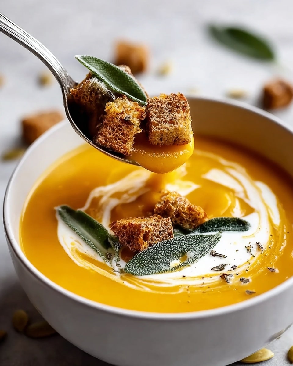 A white bowl filled with smooth, thick orange soup, topped with a swirl of white cream creating a marbled effect on the surface. On top, there are dark green sage leaves and several small, crispy toasted brown croutons, giving a rough texture. A silver spoon lifts some soup, cream, a sage leaf, and croutons above the bowl, showing the soup’s creamy texture and the crunchy croutons clearly. The bowl is placed on a white marbled surface, with some pumpkin seeds scattered around in the background, photo taken with an iphone --ar 4:5 --v 7