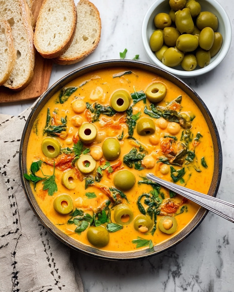 A round bowl filled with creamy orange soup, layered with whole and sliced green olives, chickpeas, pieces of spinach, and small bits of tomato floating on top, with a metal spoon resting inside the bowl. The bowl sits on a white marbled surface, next to a small white bowl full of green olives and slices of light brown bread. Some green herbs and a beige cloth with black stitching are placed near the bowl, adding to the rustic look. photo taken with an iphone --ar 4:5 --v 7