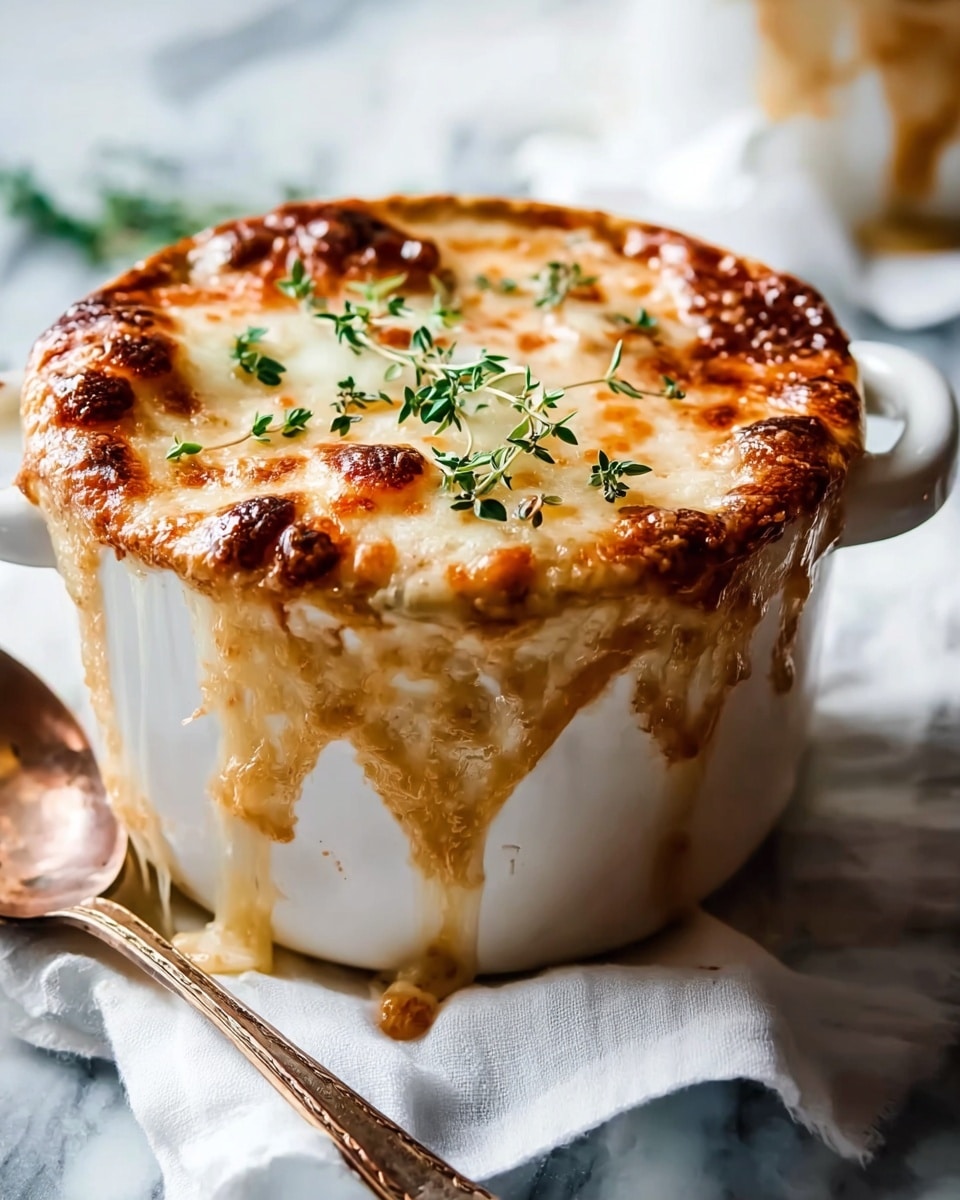 A white pot filled with a golden brown baked dish topped with melted cheese that is bubbling and dripping down the side, showing a gooey texture. The cheese on top has browned spots and is garnished with fresh green sprigs of herbs scattered evenly. The pot sits on a soft white cloth on a white marbled surface, next to a spoon. The scene is bright with soft natural light making the dish look warm and appetizing. Photo taken with an iphone --ar 4:5 --v 7