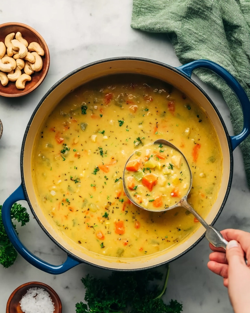 A large blue pot filled with thick yellow soup that has small diced orange and white vegetables and green herbs scattered throughout. A metal ladle scoops up some soup, showing the chunky texture and colors of the vegetables inside. A woman's hand holds the ladle from the bottom left corner. The pot rests on a white marbled surface, near a small white bowl with cashew nuts and another small bowl of salt. A green cloth is partially visible in the top right corner, and a sprig of green parsley is at the bottom right. Photo taken with an iphone --ar 4:5 --v 7
