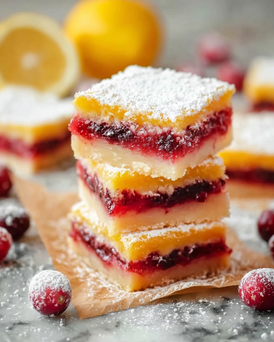 This image shows a stack of three square dessert bars on a piece of paper on a white marbled surface. Each bar has three layers: a pale golden bottom layer with a smooth texture, a middle layer full of dark red fruit filling that looks soft and juicy, and a bright yellow top layer that is smooth and shiny. The top of each bar is dusted with white powdered sugar. Around the stack, you can see a few whole red berries and a halved lemon with a bright yellow color. More dessert bars are blurred in the background. Photo taken with an iphone --ar 4:5 --v 7