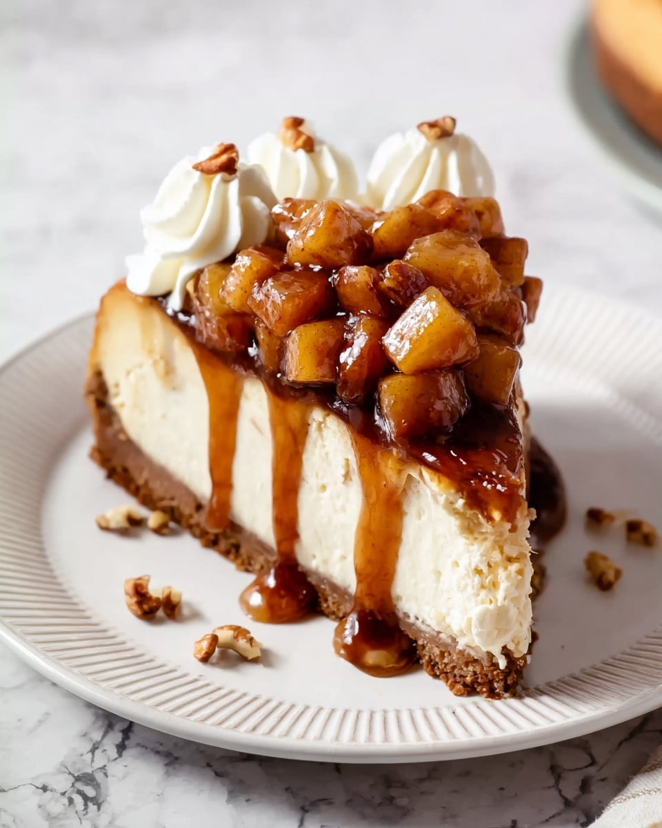 A slice of cheesecake sits on a white plate with a textured rim, placed on a white marbled surface. The cheesecake has three layers: a thin brown crumbly crust at the bottom, a thick creamy pale beige middle layer, and a topping of chunky caramel-colored cooked apple pieces covered in shiny dark caramel sauce that drips down the sides. Two dollops of white whipped cream are placed on top at the back edge of the slice. Small bits of pecans are scattered on the plate around the cheesecake. Photo taken with an iphone --ar 4:5 --v 7
