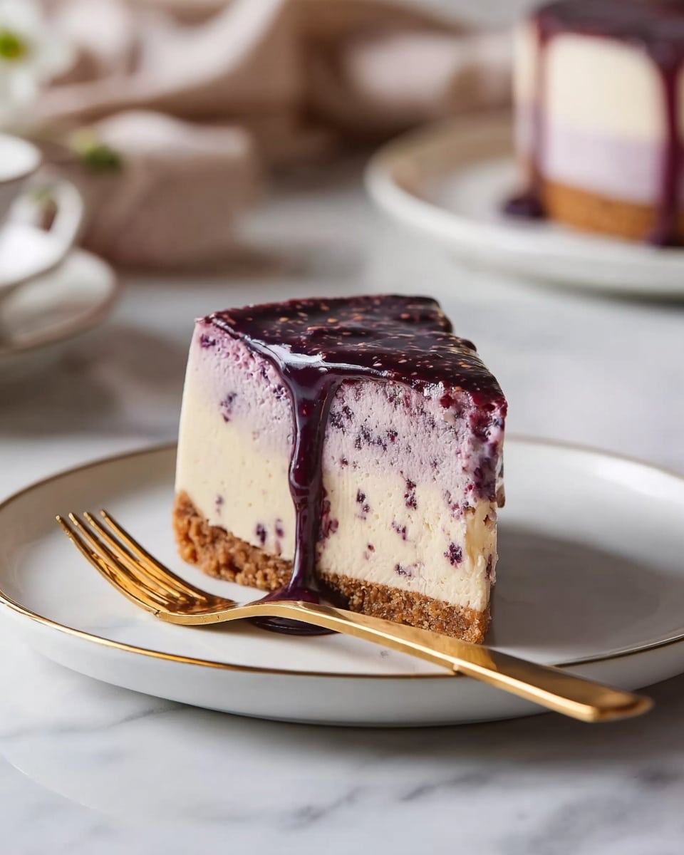A slice of cheesecake sits on a white plate with a gold rim, showing three clear layers: a crumbly brown crust at the bottom, a thick cream layer with small purple bits mixed in, and a dark shiny purple topping that drips down the side onto the plate. A gold fork rests beside the cheesecake, and the plate is set on a white marbled surface with soft neutral fabrics and another plate blurred in the background. photo taken with an iphone --ar 4:5 --v 7
