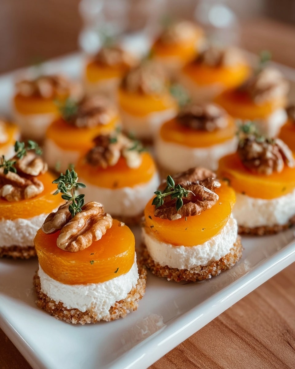 The image shows a white square plate holding many small round appetizers arranged closely. Each appetizer has three layers: the bottom is a light brown crispy base, the middle is a thick layer of white creamy cheese, and the top is a bright orange round slice of apricot or peach. On top of the orange slice rests a walnut piece and a small green sprig, adding color contrast. The plate sits on a wooden surface, and the background is softly blurred. Photo taken with an iphone --ar 4:5 --v 7