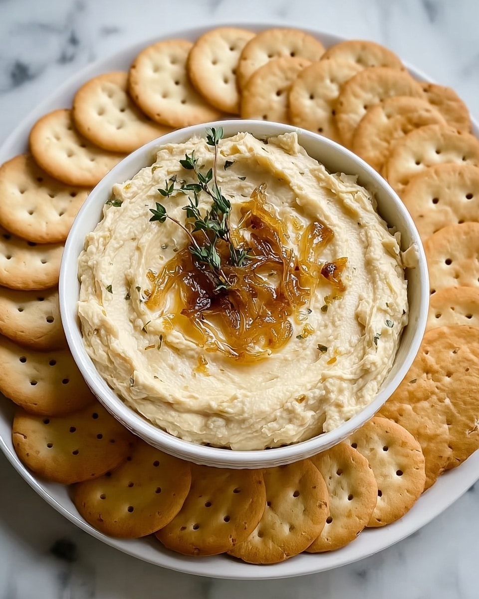 A white bowl filled with one layer of creamy, white dip topped with a thin, golden brown toasted crust that looks bubbly and slightly crispy. In the center, three small sprigs of fresh green herbs stand upright. Surrounding the bowl are square, light beige crackers with small holes on top, all placed on a white marbled surface. photo taken with an iphone --ar 4:5 --v 7