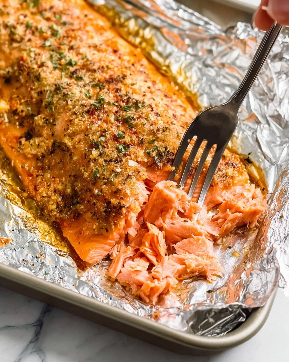 The image shows a large piece of cooked salmon resting on crumpled aluminum foil. The salmon has a rich orange color with dark brown spices and herbs sprinkled evenly on the surface. Small green herbs are scattered on top adding a fresh touch. The texture looks slightly crispy on top while soft inside. The foil around the salmon catches light, making the salmon the main focus. The background is a white marbled texture. photo taken with an iphone --ar 4:5 --v 7