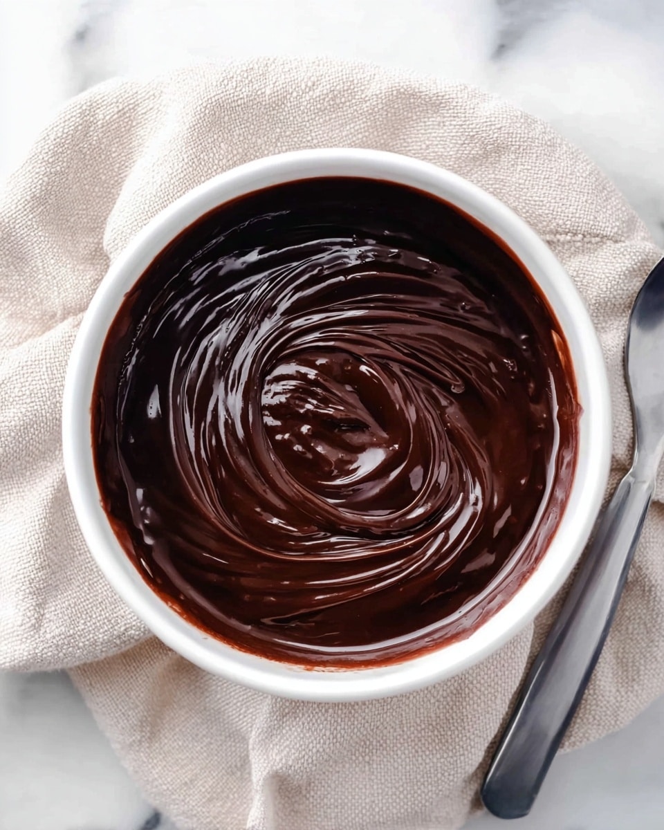 A white bowl filled with smooth, glossy dark brown chocolate sauce that is thick and swirled in the center, showing shiny and rich texture, placed on a white cloth on a white marbled surface. Photo taken with an iphone --ar 4:5 --v 7