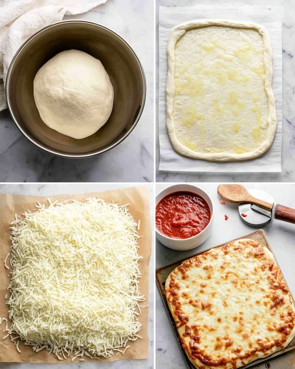 The image shows four stages of making a rectangular cheese pizza on a white marbled surface. The first top-left part shows a round dough ball resting inside a round metal bowl, smooth and pale. The top-right part shows the dough stretched into a thick, rectangular base on parchment paper with a light spread of oil giving a shiny, slightly yellowish texture. In the bottom-left part, the dough is fully covered with a thick layer of shredded white cheese with a soft texture spread evenly to the edges. The final bottom-right part shows the fully baked pizza with a bubbly and golden-brown melted cheese layer, alongside a small white bowl of red tomato sauce with a wooden spoon and a woman’s hand holding a pizza cutter nearby. Photo taken with an iphone --ar 4:5 --v 7