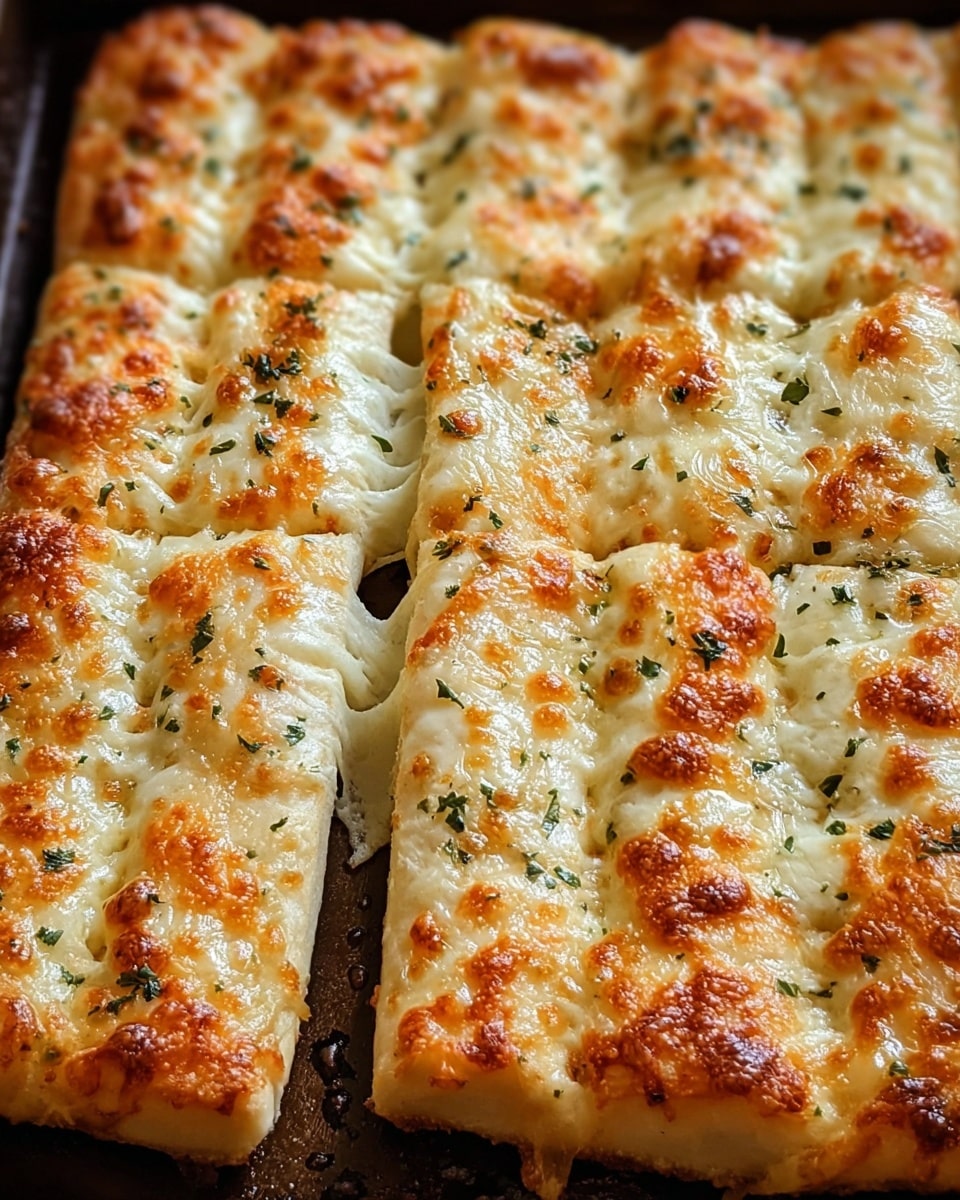 The image shows a close-up of a tray of breadsticks lined up side by side, each topped with a layer of melted cheese that is golden brown in spots and bubbly in texture. The breadsticks have a soft, light beige color with slightly crispy edges. Small green herb flakes are sprinkled evenly over the cheese, adding a touch of color contrast. The tray beneath is dark and slightly greasy from the baked cheese and bread. The scene has a warm and inviting look with the breadsticks appearing fresh and cheesy. Photo taken with an iphone --ar 4:5 --v 7