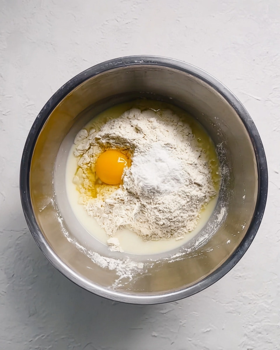 A round silver metal mixing bowl is filled with white flour forming the bottom and larger part of the mix, with a white powdery layer of sugar on top near the center. A single yellow egg yolk rests on the right side of the sugar pile, partially covered by a clear egg white that runs down towards the bottom of the bowl. There is a small amount of pale milk surrounding the flour inside the bowl. The bowl sits on a white marbled textured surface. photo taken with an iphone --ar 4:5 --v 7