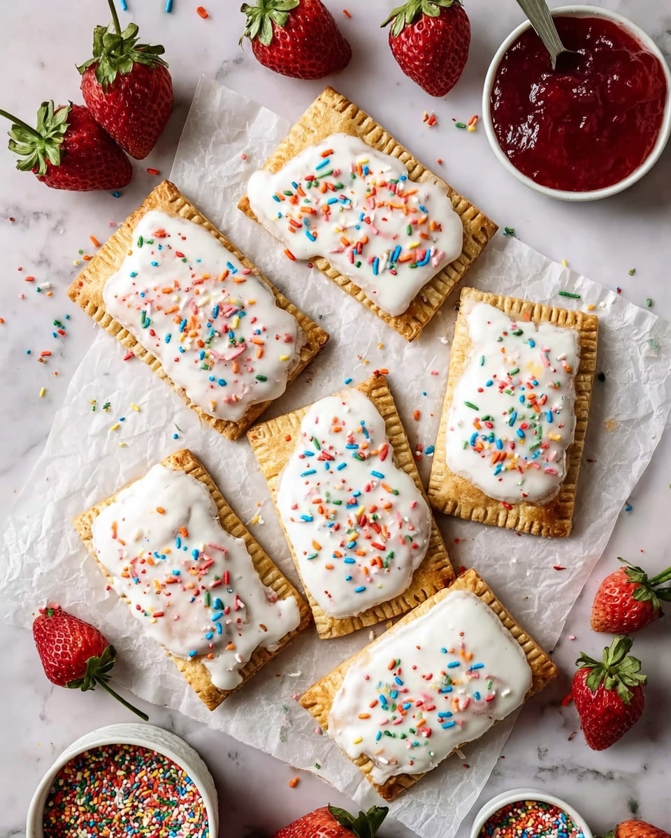 The image shows six rectangular toaster pastries with golden brown crusts, each topped with a thick layer of white icing that slightly drips over the edges. Colorful red, green, blue, and orange sprinkles are scattered evenly on top of the icing. The pastries are arranged on white parchment paper over a white marbled surface. Three whole strawberries with green leaves are placed around the pastries, adding a fresh red color. A small white bowl filled with red jam and a small white dish holding more colorful sprinkles appear at the edges of the image. Photo taken with an iphone --ar 4:5 --v 7