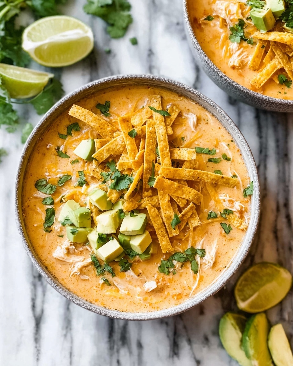 A bowl filled with a creamy orange soup as the bottom layer, showing shredded white chicken and corn mixed within. On top sits a layer of thin, golden yellow tortilla strips scattered generously. There are small green avocado cubes and light orange shredded cheese sprinkled over the tortilla strips. Fresh chopped green cilantro leaves add a vibrant touch to the dish. The bowl is set on a white marbled surface with lime halves and extra avocado cubes placed around it. Photo taken with an iphone --ar 4:5 --v 7