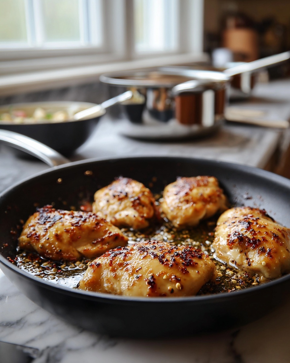 In a black frying pan, there are six golden-brown cooked chicken pieces with a slightly crispy texture and some dark brown spots showing they are grilled well. The pieces are scattered evenly across the pan, with some small bits and spices around them in the oily surface. In the background, there are blurred stainless steel pots and a bowl with food, all placed on a white marbled surface near a window with soft natural light. The overall scene looks warm and homey, focused mainly on the chicken pieces in the pan photo taken with an iphone --ar 4:5 --v 7