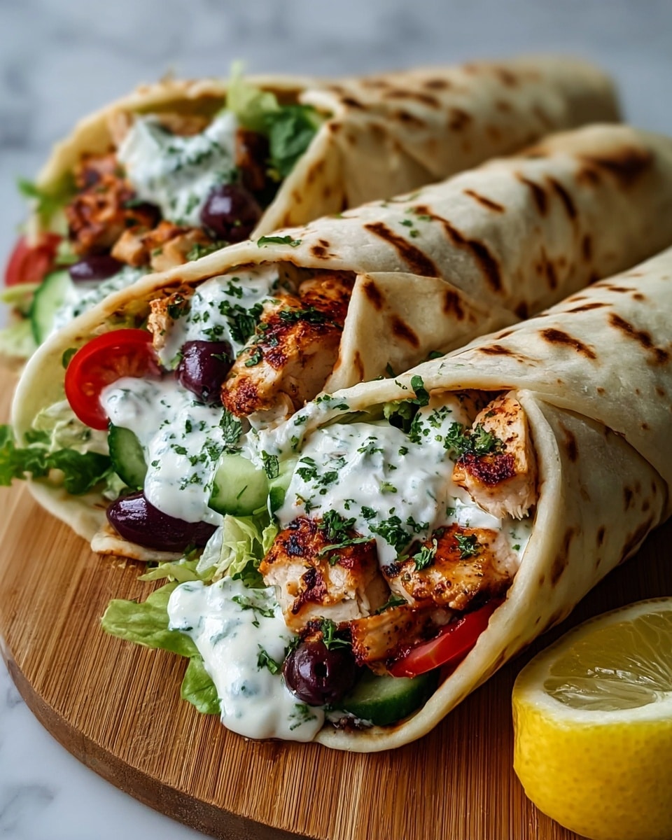 Three wraps sit close together on a wooden board over a white marbled surface. Each wrap is folded in soft, light brown flatbread with light char marks. The inside layers show chunks of grilled chicken with a browned, slightly crispy texture, topped with fresh green lettuce and diced cucumber. Bright red tomato pieces and dark purple olives add color between the layers. The tops are generously covered with creamy white sauce sprinkled with finely chopped green herbs. To the right of the wraps, half of a yellow lemon is visible. Photo taken with an iphone --ar 4:5 --v 7