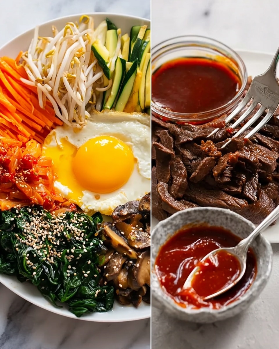 The dish is served on a white plate with a white marbled background. It has six main layers arranged in sections: at the top right is a pile of cooked dark brown beef slices with a fork resting on them, next to it on the top left are light beige cooked bean sprouts. Below the bean sprouts are thin, green zucchini strips, and next to these on the right are bright orange carrot sticks. At the bottom right are brown sautéed mushroom slices, and at the bottom left are dark green sautéed spinach leaves sprinkled with white sesame seeds. In the center is a sunny-side-up egg with a bright yellow yolk and white edges, with some red sauce on it. Near the bottom right edge of the plate, there is a small bowl of dark red sauce with a spoon inside. Photo taken with an iphone --ar 4:5 --v 7