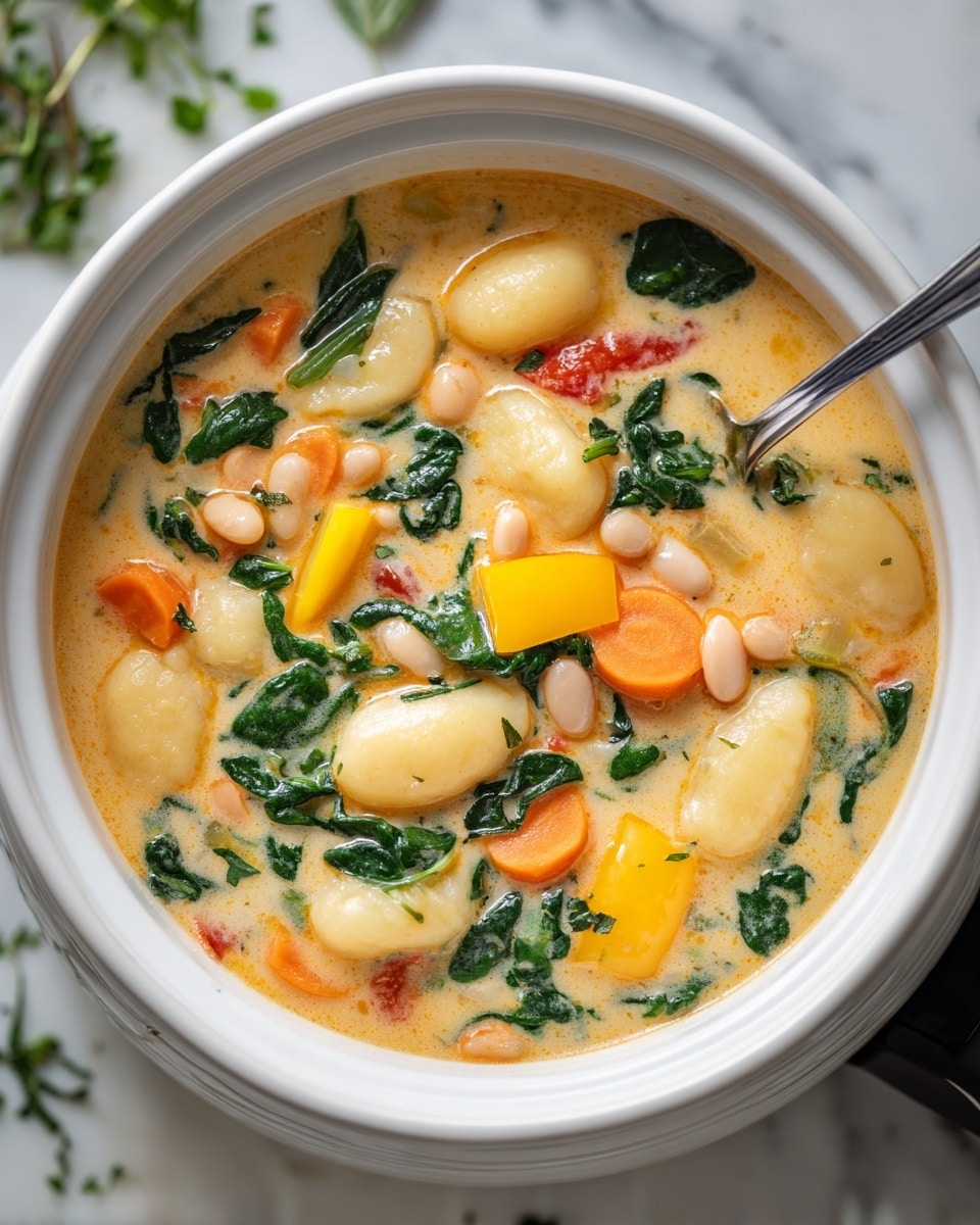 A close-up view of a white bowl filled with creamy soup showing about three layers: at the bottom, a thick light beige broth with small pieces of white beans creating a soft texture; the middle layer has bright orange carrot chunks and yellow bell pepper slices adding pops of warm colors; the top layer features fresh, dark green spinach leaves slightly wilted, mixed with smooth, plump gnocchi that are pale yellow and rounded. A metal spoon is placed inside the bowl, and the bowl sits on a white marbled surface with some scattered green herbs nearby. Photo taken with an iphone --ar 4:5 --v 7