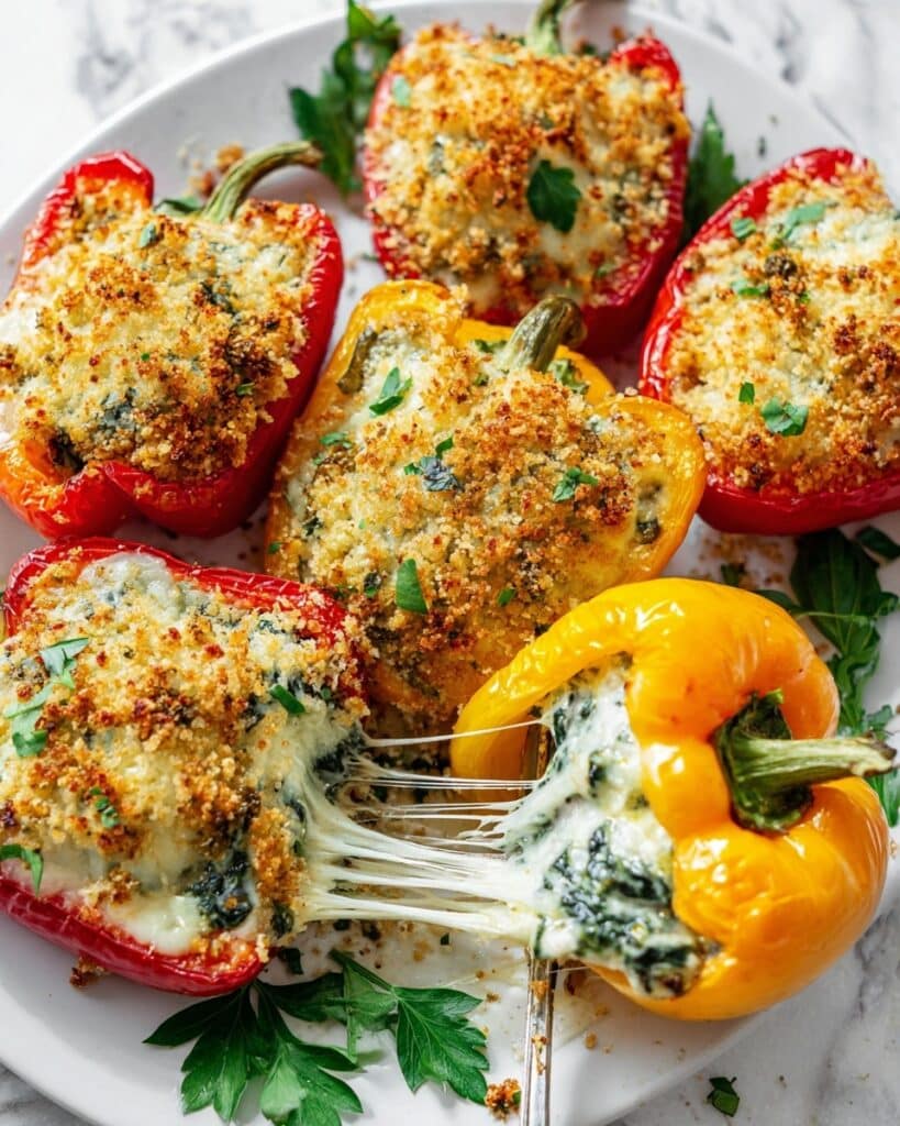 Ricotta-Stuffed Bell Peppers with Spinach and Herb Topping Recipe