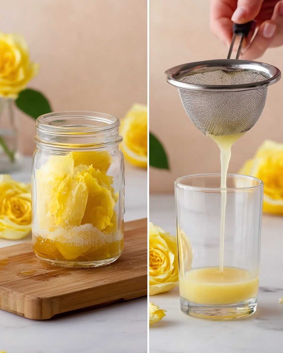 The image shows two scenes side by side on a white marbled surface. On the left, a woman's hand is stirring yellow lemon slices mixed with sugar inside a clear glass jar resting on a wooden board. The jar is filled with bright yellow lemon pieces and white granules of sugar. A single yellow rose and lemon slices are visible in the background. On the right, the lemon mixture is being strained through a small metal mesh strainer held above a clear glass, which catches the pale yellow liquid dripping down. The same white marbled surface, wooden board, lemon slices, and yellow rose are seen in the background. photo taken with an iphone --ar 4:5 --v 7