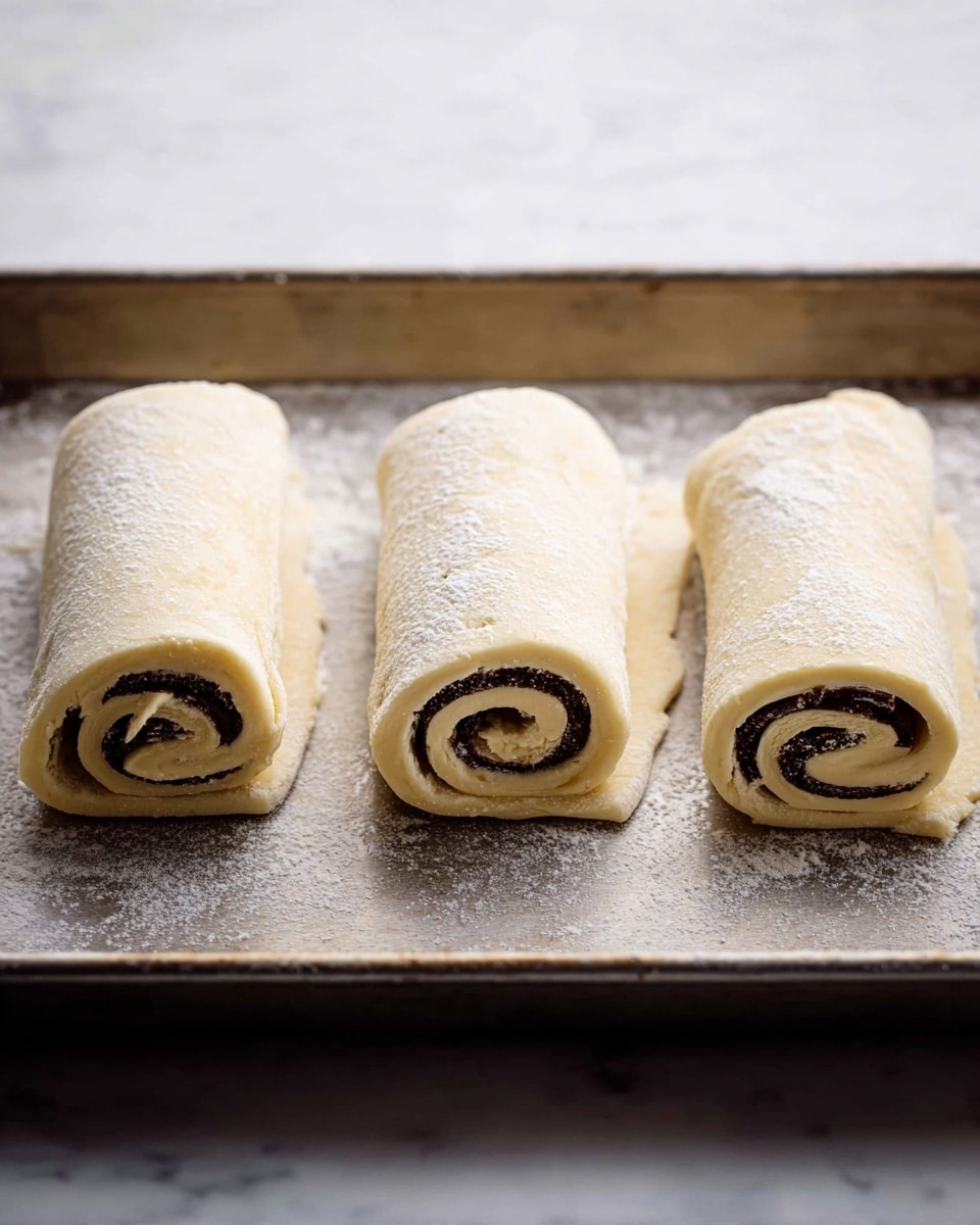 Three pieces of light beige rolled dough sit evenly spaced on a metal baking tray. Each roll has two thin, dark brown chocolate sticks layered inside the spiral. The dough has a soft texture with a slight dusting of flour on the surface. The background shows a white marbled texture. photo taken with an iphone --ar 4:5 --v 7