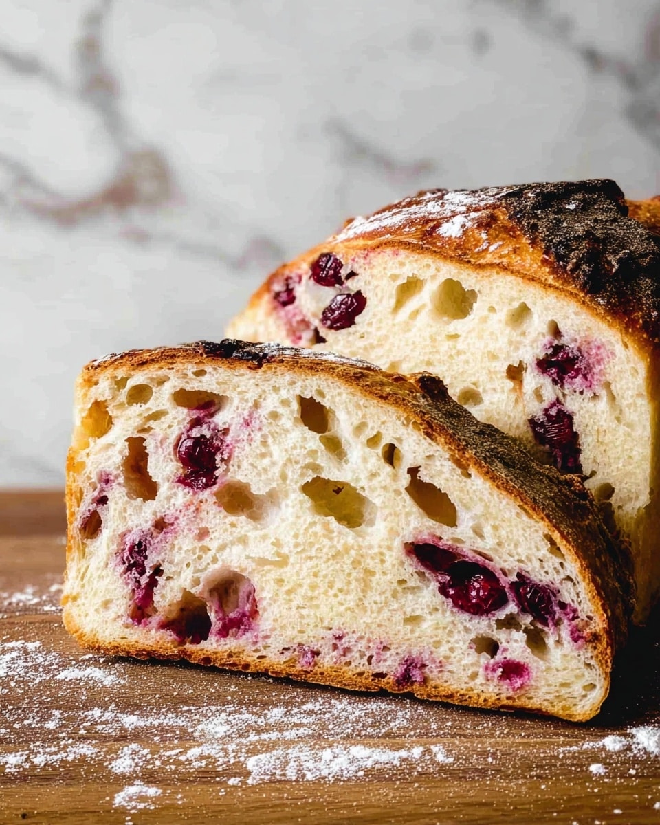 The image shows two thick slices of bread with a light golden-brown crust on top, slightly crisp with darker baked spots. Inside, the bread is soft and airy with a cream-yellow color and large, uneven holes. Mixed throughout the bread are dark red and purple berry swirls and chunks, adding a splash of color inside the soft bread. The bread slices rest on a wooden surface dusted with white flour, and the background is a white marbled texture. Photo taken with an iphone --ar 4:5 --v 7