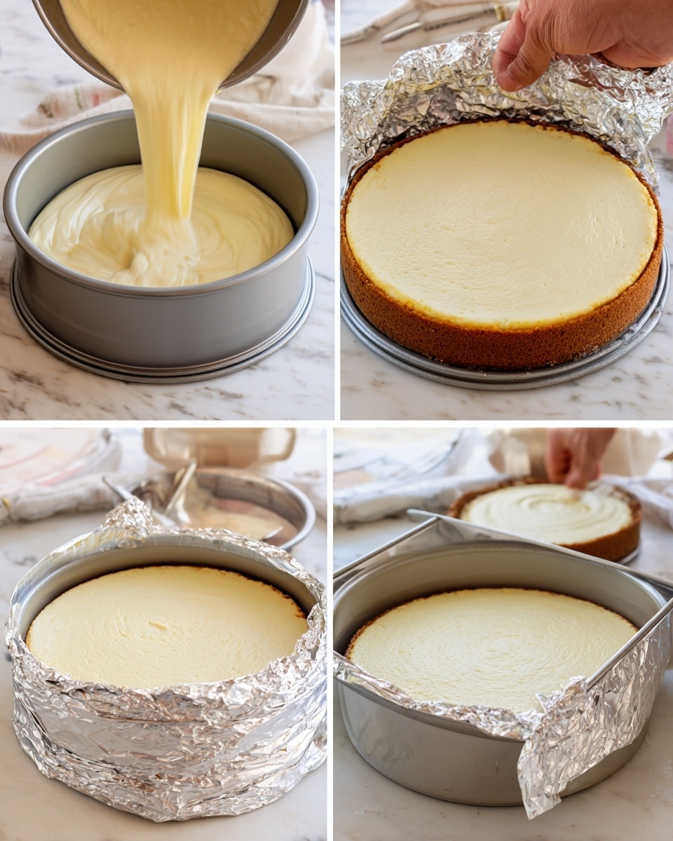 The image shows a three-step process of making a cheesecake. The first part shows a springform pan with a golden brown cookie crust layer at the bottom. A thick, creamy, pale yellow batter is being poured evenly over the crust, filling the pan almost to the top. The second part shows the cheesecake with the batter smoothed out in the pan while a pair of adult hands wrap the pan in shiny silver aluminum foil, against a white marbled surface with light-colored kitchen items in the background. The last part shows the foil-covered pan placed inside a larger aluminum tray filled with water for a water bath, with the creamy yellow cheesecake batter still visible at the top. Photo taken with an iphone --ar 4:5 --v 7