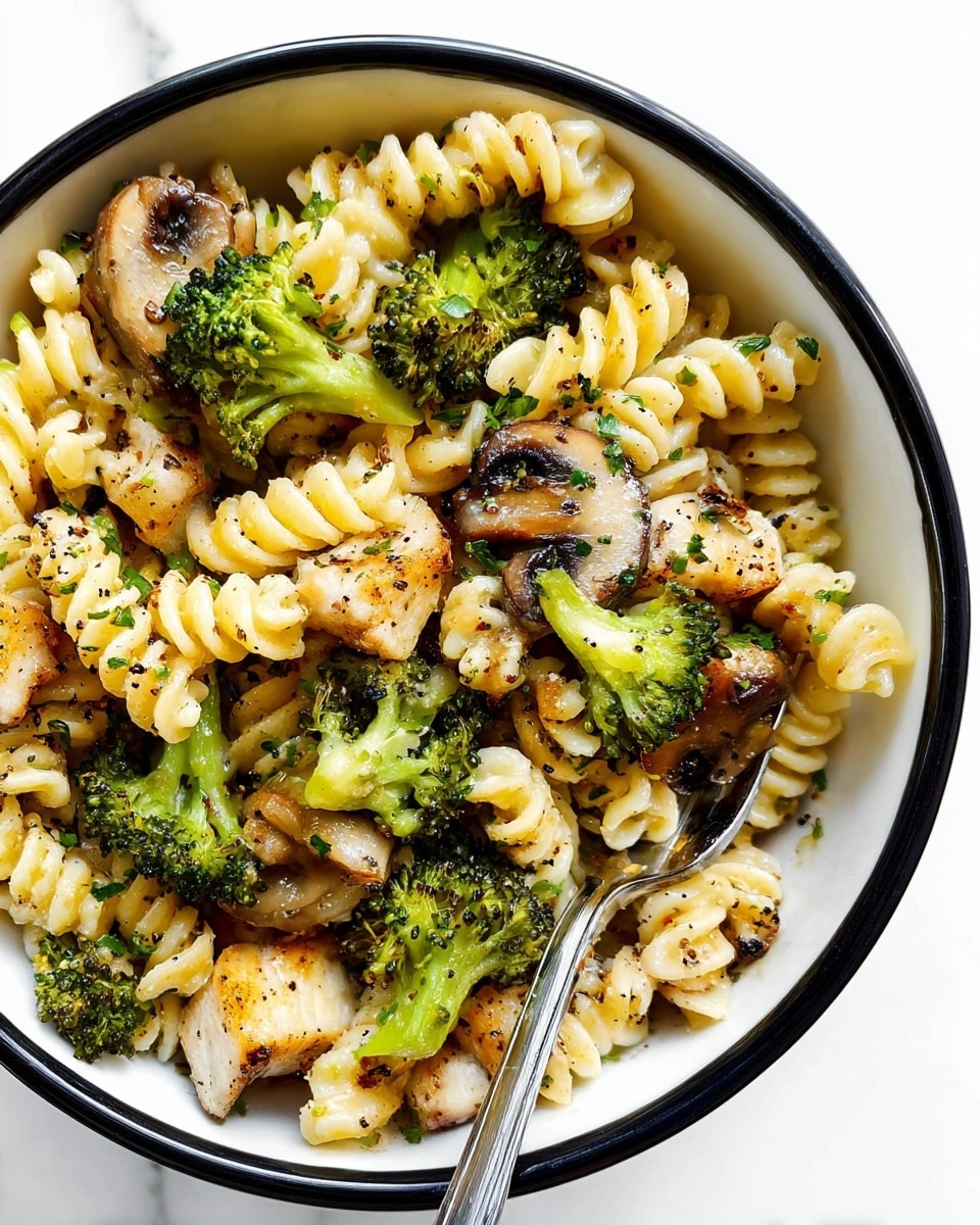A close-up of a white bowl with a black rim filled with rotini pasta that is light yellow and creamy in texture. Mixed in are bright green broccoli florets with a slightly roasted look and sliced brown mushrooms with a tender, cooked surface. The dish is sprinkled with cracked black pepper and some fresh green herbs. A silver fork rests inside the bowl. The bowl is placed on a white marbled surface. photo taken with an iphone --ar 4:5 --v 7