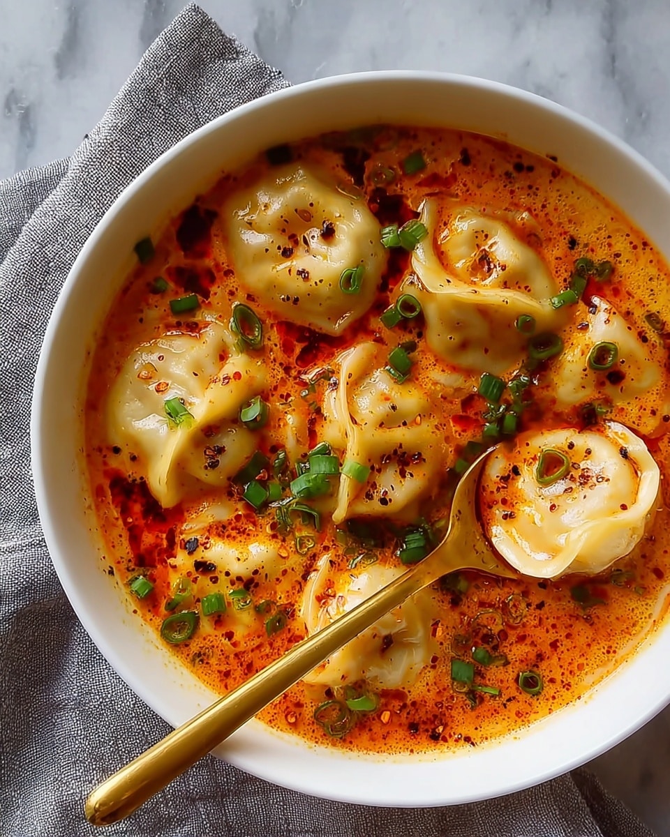 A white bowl filled with six light beige dumplings floating in a rich, creamy orange-red soup. The soup has a slightly oily texture with darker red oil spots and black specks of seasoning scattered throughout. Bright green chopped scallions are sprinkled on top evenly, adding contrast. A golden spoon holds one dumpling near the right edge of the bowl. The bowl sits on a gray cloth on a white marbled surface. Photo taken with an iphone --ar 4:5 --v 7