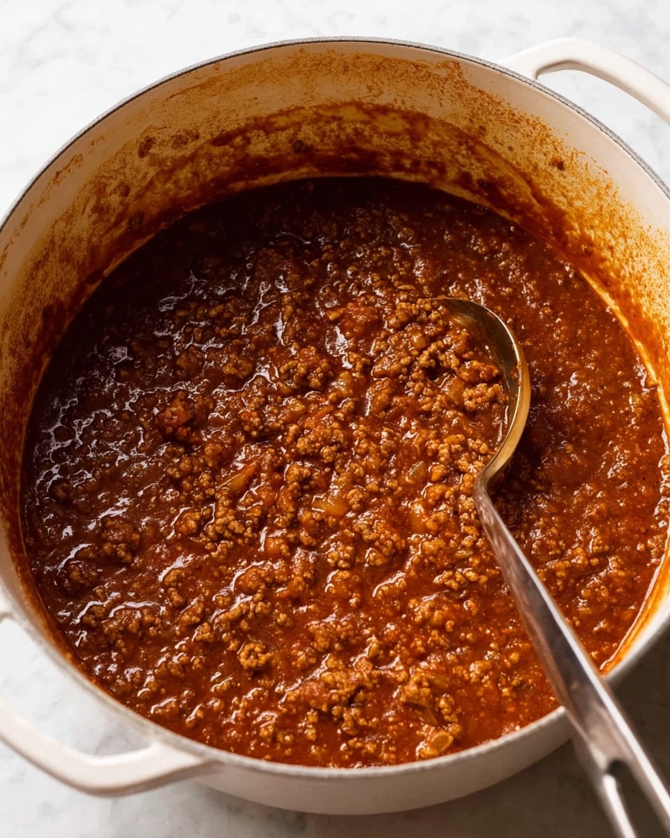 A white pot filled with thick brown meat sauce showing small bits of cooked ground meat mixed with a rich reddish-brown tomato sauce. The sauce texture looks slightly chunky with visible small pieces of onion and tomato. A silver ladle rests inside the pot, partly submerged in the sauce with its handle laying to the right. The inside walls of the pot have a ring of sauce residue, showing the sauce was stirred or simmered. The pot sits on a white marbled surface. Photo taken with an iphone --ar 4:5 --v 7