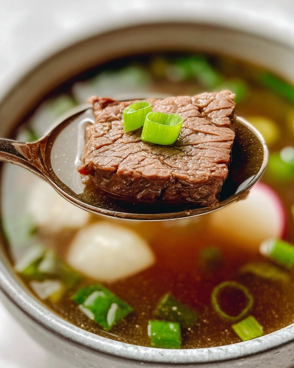 A close-up image showing a spoon holding a rectangular piece of cooked beef with a slightly cracked texture, topped with two small bright green scallion pieces. Below the beef slice in the spoon, the broth is clear and brown, with floating green scallion rings and white slices of radish visible. The spoon is held over a bowl of soup with a white marbled texture surface, and the bowl is white with a thin gray rim, filled with the broth and ingredients. Photo taken with an iphone --ar 4:5 --v 7