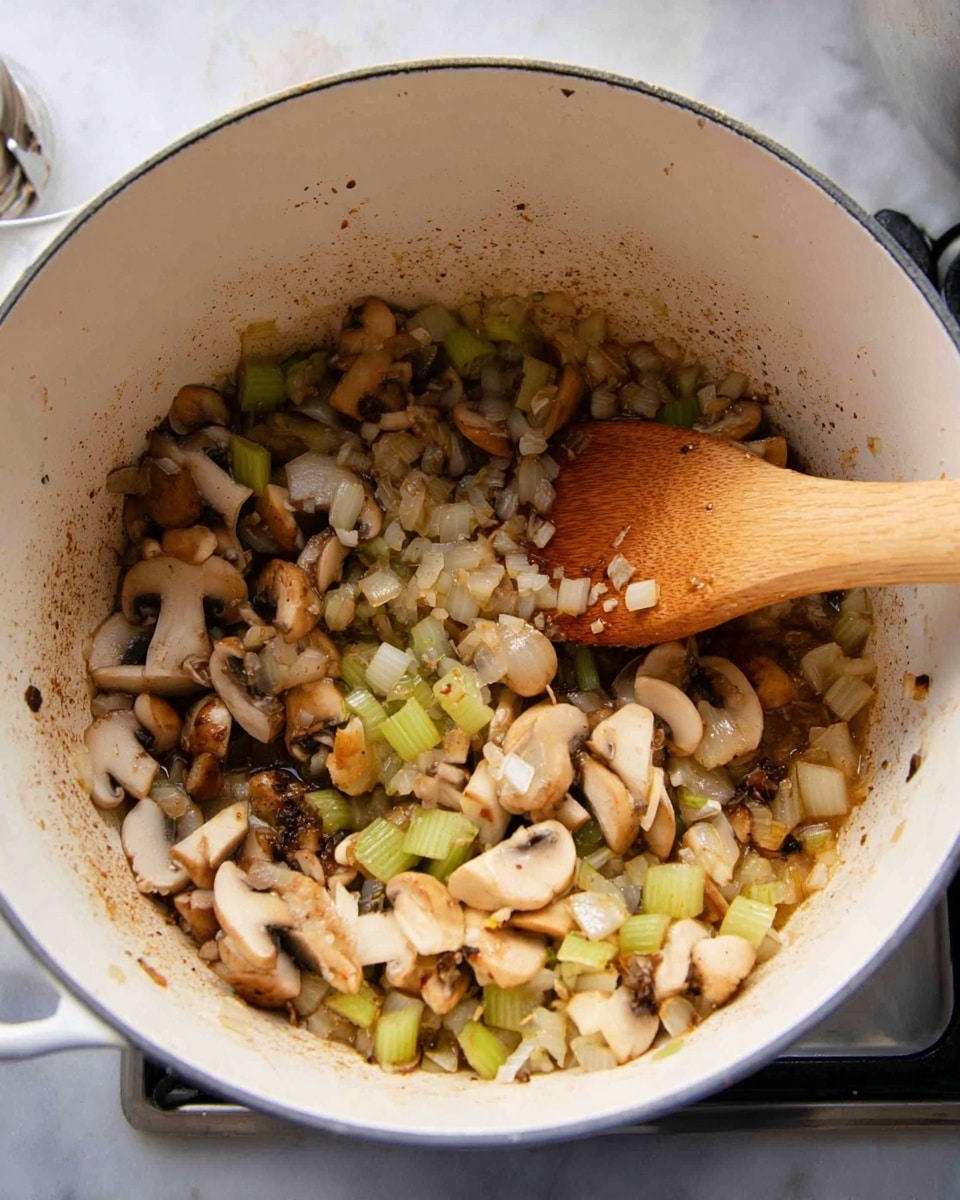 Inside a white cooking pot, there is a mix of chopped onions, celery, and sliced mushrooms that are being cooked. The onions are slightly transparent with a bit of golden brown where they touched the pot. Celery pieces are pale green and diced, and the mushrooms are light brown with some darker grilled spots. A wooden spoon rests inside the pot, partly covered with the cooked vegetables. At the bottom, some bits are caramelized, adding dark brown texture. The pot is on a stove top, and the overall setting shows part of a white marbled surface around it. Photo taken with an iphone --ar 4:5 --v 7