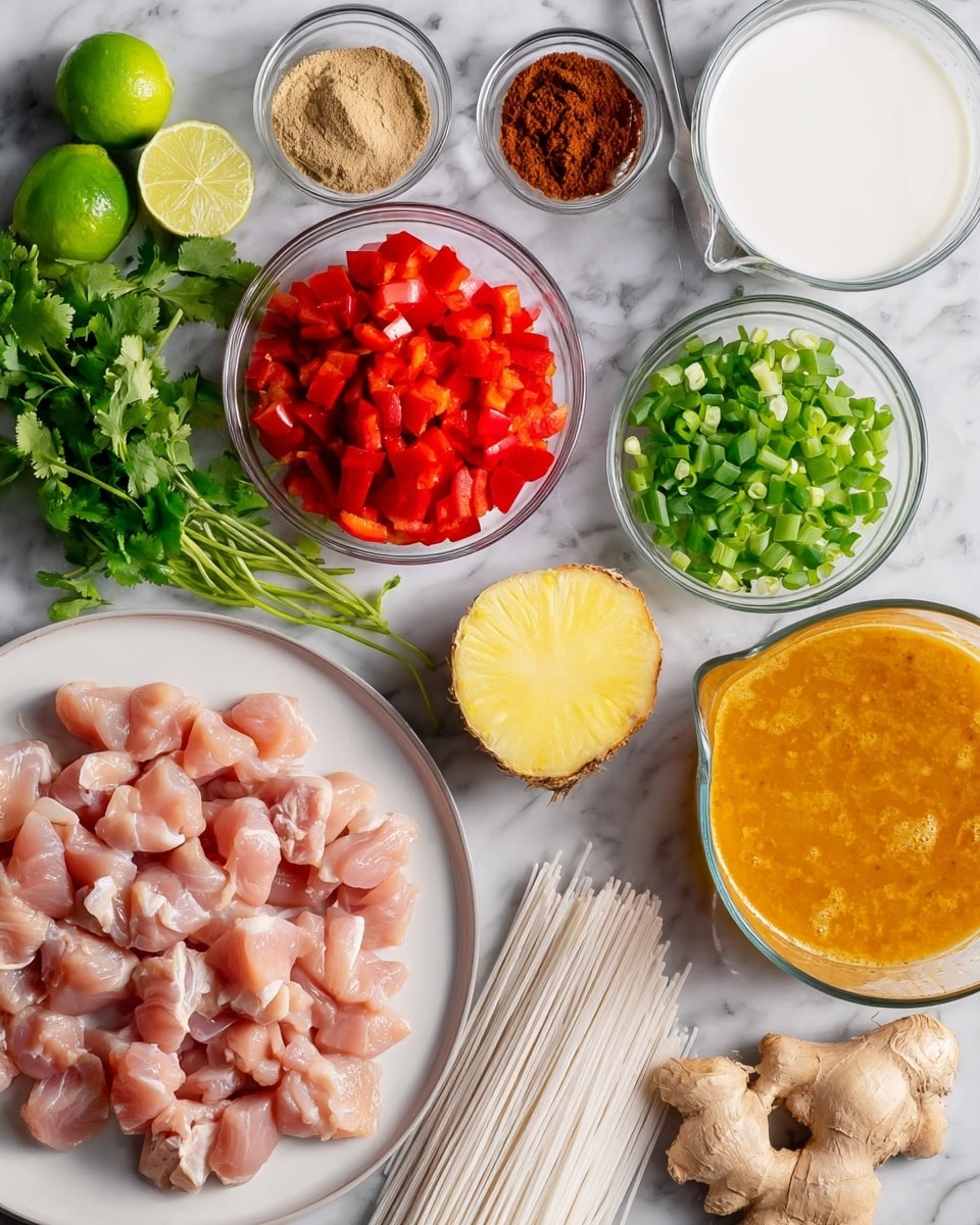 The image shows a white plate filled with many small pieces of raw pink chicken pieces on the bottom right, next to it a thick slice of fresh ginger with light brown skin and yellow inside. Above the chicken is a small clear glass bowl full of chopped red bell peppers, bright and shiny, and next to it another bowl with chopped green onions, bright green and fresh. Above these are two small clear bowls, one with light brown powdered spice and the other with dark red powdered spice. On the top right is a clear measuring cup with white coconut milk inside. On the left side, there is a bunch of fresh green cilantro next to a whole green lime and a lime half with bright green interior. Below the lime, a large clear measuring cup contains orange-colored broth, with uncooked thin white noodles next to it, and three pieces of garlic with yellowish skin are placed nearby. All these ingredients are on a white marbled surface. Photo taken with an iphone --ar 4:5 --v 7