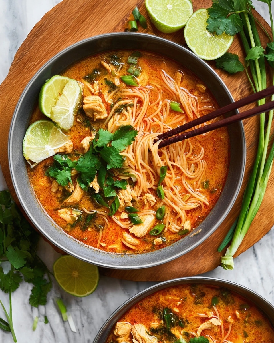 This image shows a close-up of a bowl filled with a rich orange-red spicy soup with noodles. The soup contains scattered chunks of light-colored chicken and slices of green onion floating on top. Bright green fresh cilantro leaves rest on one side near a wedge of lime partly dipped in the soup. A pair of brown wooden chopsticks lifts a small bundle of pale yellow noodles from the soup. The bowl is dark-colored and sits on a white marbled surface. Photo taken with an iphone --ar 4:5 --v 7