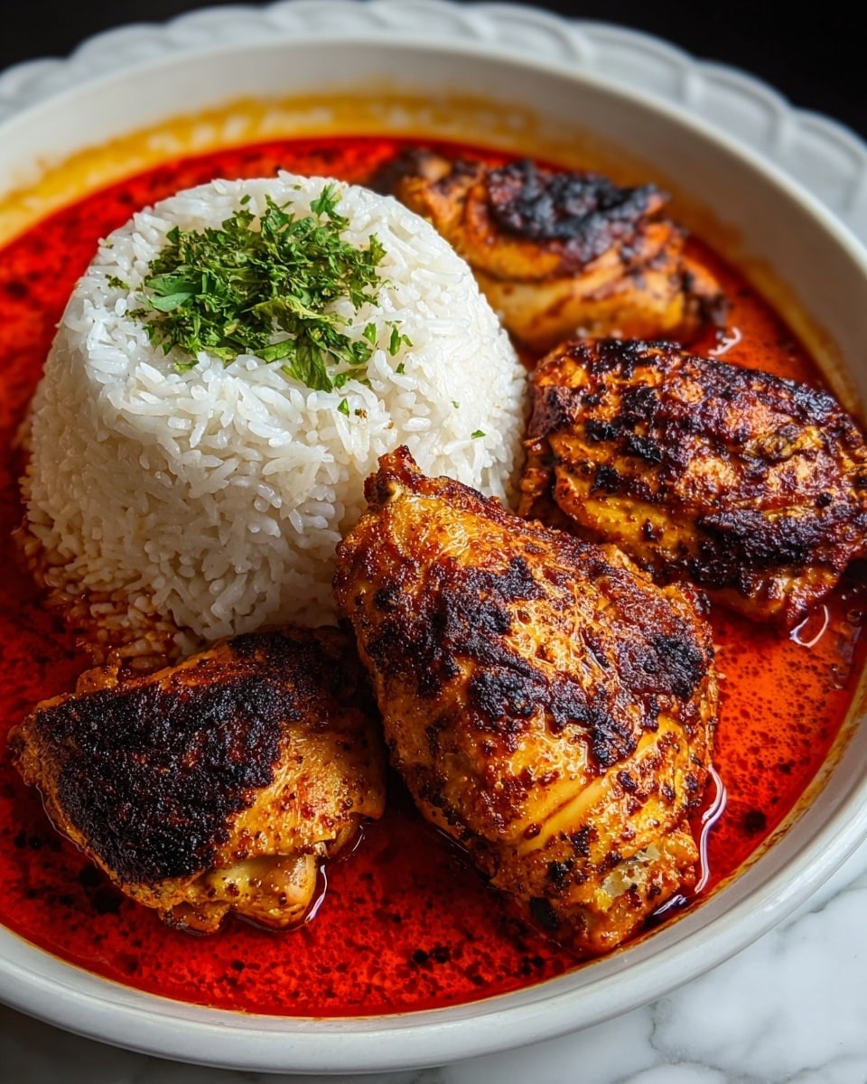 A close-up of a white bowl filled with three grilled chicken pieces, golden brown with charred spots, sitting in a bright red oily sauce that covers the bottom of the bowl. To the left side of the bowl, a mound of white rice is neatly shaped, showing slightly separated grains with a soft texture. The bowl is placed on a white marbled surface. photo taken with an iphone --ar 4:5 --v 7