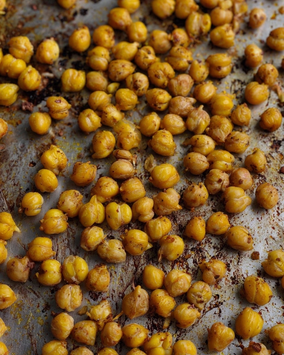 The image shows a close-up of a baking tray covered with many roasted chickpeas. The chickpeas are golden yellow with some small browned spots, giving a crunchy look. They are spread out unevenly on a silver metal tray that has dark burnt marks and a worn texture. The overall look is rustic and the chickpeas sit directly on the tray without any layers below them. The photo has soft lighting and a shallow depth of field, focusing on the chickpeas in the center. photo taken with an iphone --ar 4:5 --v 7