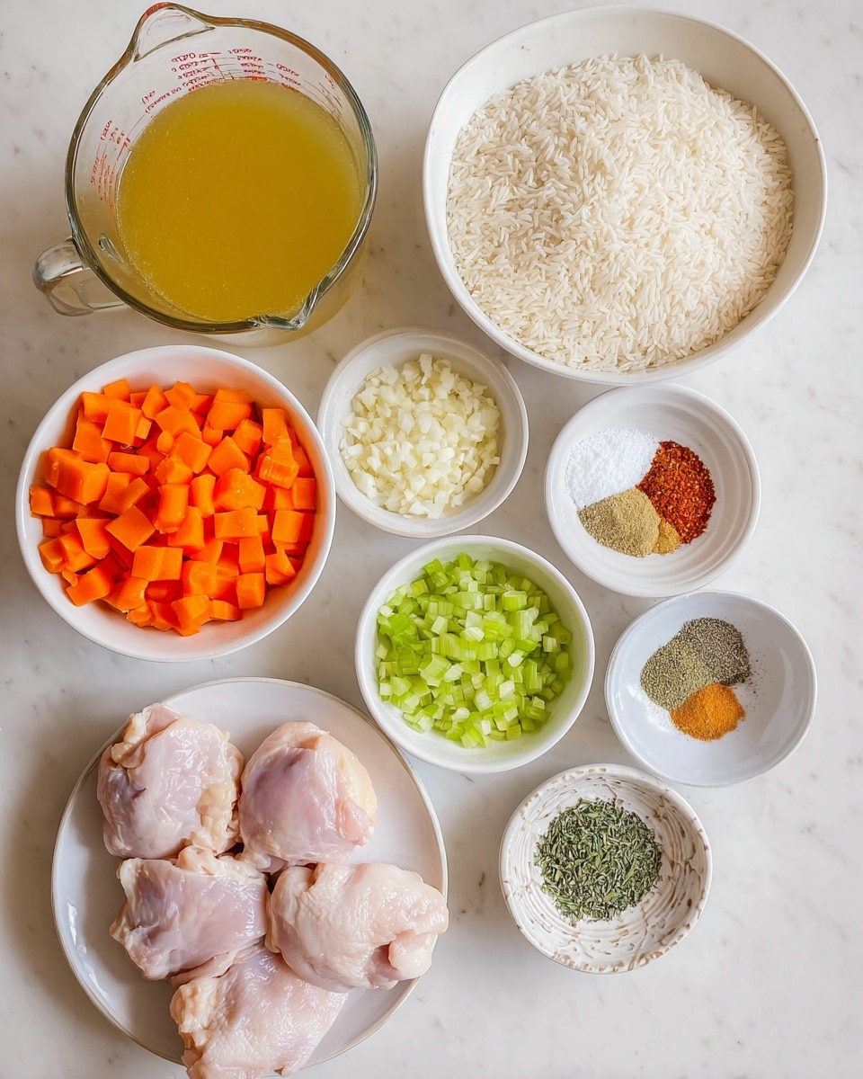 The image shows an overhead view of ingredients arranged neatly on a white marbled surface. There are nine containers: a large glass measuring cup filled with light yellow broth on the left; a white bowl with bright orange carrot cubes near the top center; a white bowl filled with uncooked white rice at the top right; a small white bowl with green celery pieces below the carrot bowl; a decorative white bowl with salt and colored spices stacked in small piles in the upper right center; a white bowl of chopped garlic near the middle right; a white bowl filled with finely chopped white onions near the bottom right; a small white dish with mixed dried green herbs near the bottom left center; and a white plate with five pieces of raw pale pink chicken thighs at the bottom left. The colors and textures contrast clearly, all set on the soft white marbled background, photo taken with an iphone --ar 4:5 --v 7