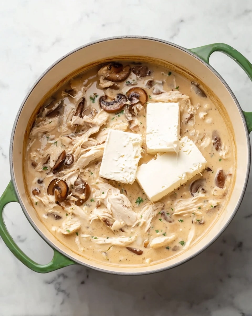 A white pot with a green handle holds a creamy beige sauce mixed with sliced brown mushrooms and shredded pale chicken pieces. On top, there are two thick blocks of soft white cream cheese that contrast with the texture of the sauce and chicken. The pot is set on a white marbled surface which adds a clean and bright background to the image. photo taken with an iphone --ar 4:5 --v 7