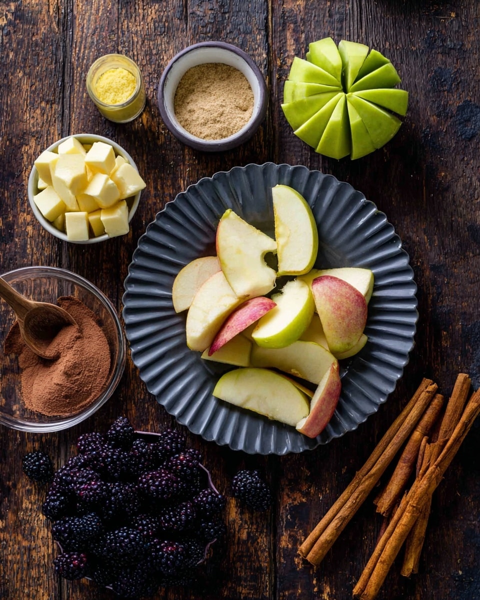 The image shows a rustic scene with a fluted dark gray plate filled with peeled and sliced apples arranging in layers of pale yellow with slight pink spots, positioned near the center right on a dark wooden surface. Above the plate, a whole peeled green apple with green peel spirals lies unpeeled, showing a mix of light green and cream textures. To the left, a white small bowl holds light yellow butter cubes, and next to it is a small mustard yellow container with coarse brown sugar and a small wooden spoon inside. In the lower right corner, a glass bowl is full of deep black-purple blackberries with some scattered on the wooden surface below. Two sticks of cinnamon rest diagonally near the bottom center, and above the blackberries is a small white bowl with a reddish-brown cinnamon powder. The surface is dark wood and all items are arranged neatly with natural lighting highlighting the textures and colors photo taken with an iphone --ar 4:5 --v 7